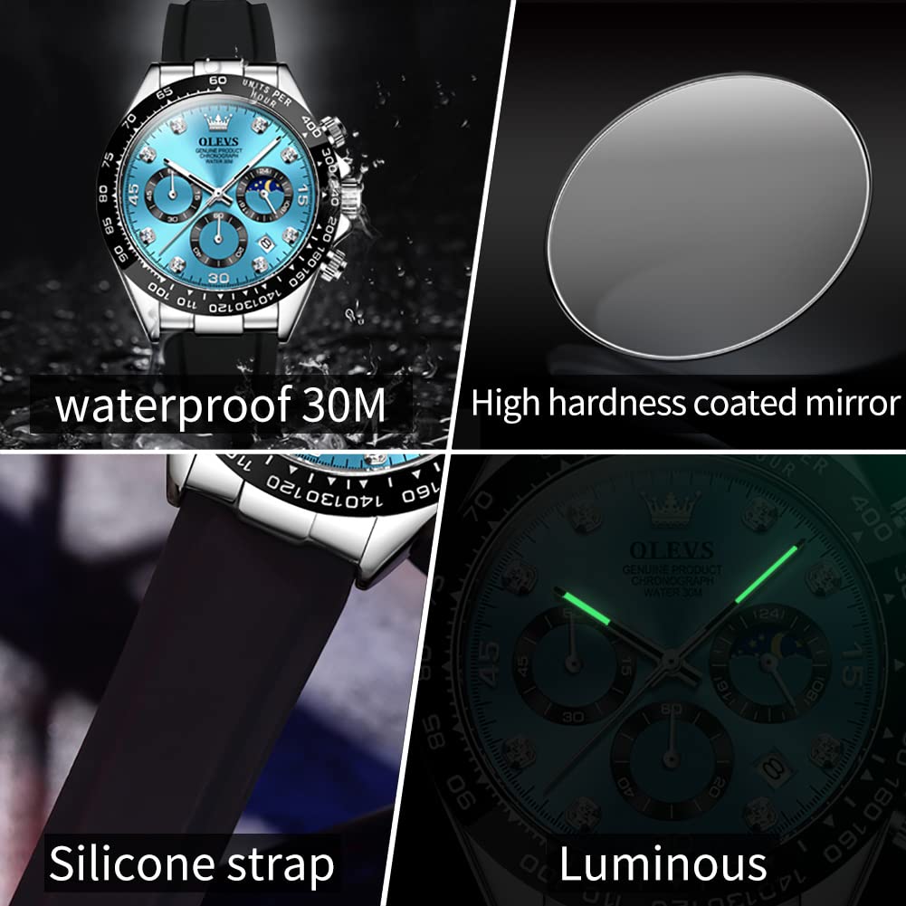 OLEVS Men's Luxury Sports Watch - Silicone Band, Chronograph, Moon Phase, Diamond Accents, Waterproof & Luminous - Analog Quartz Wristwatch for Men | Perfect for Outdoor Activities, Business Meetings & Formal Events