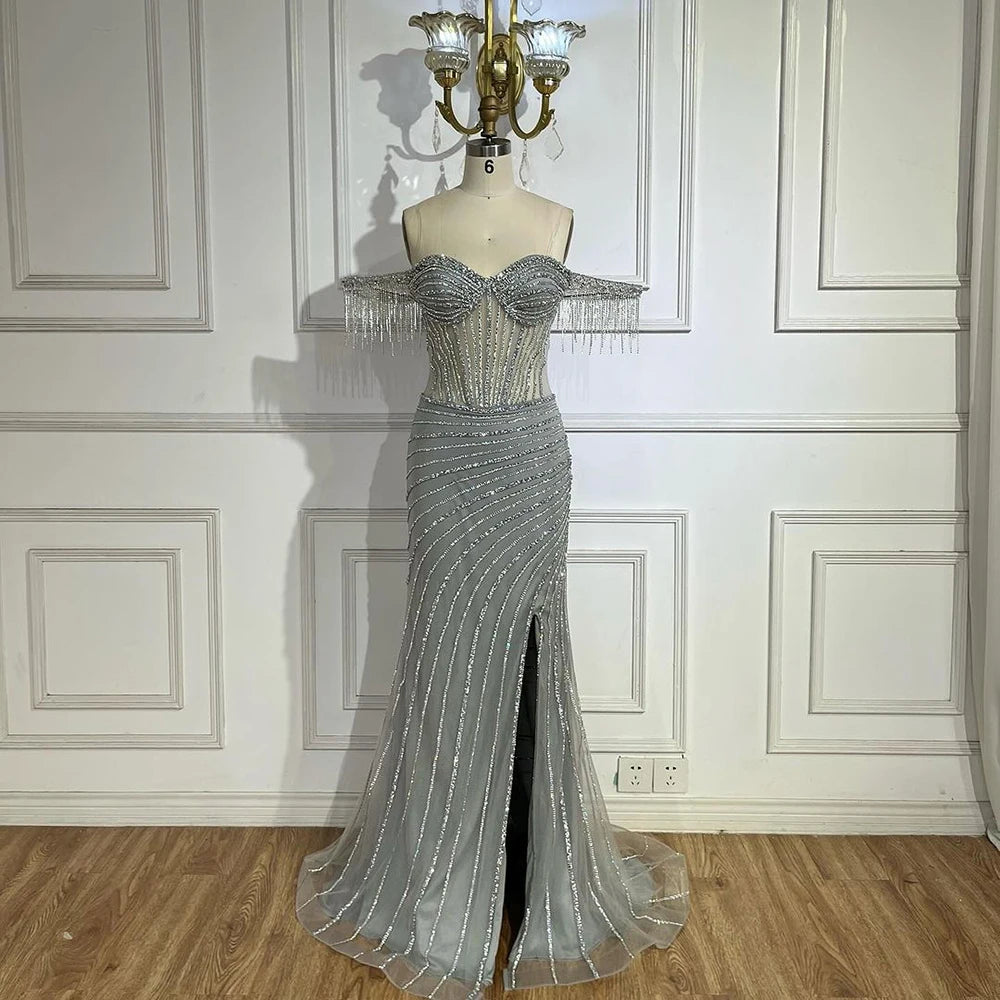Elegant Silver Beaded Tassel Mermaid Evening Gown with Boat Neck & High Slit - Perfect for Prom, Gala & Formal Events - LA72391