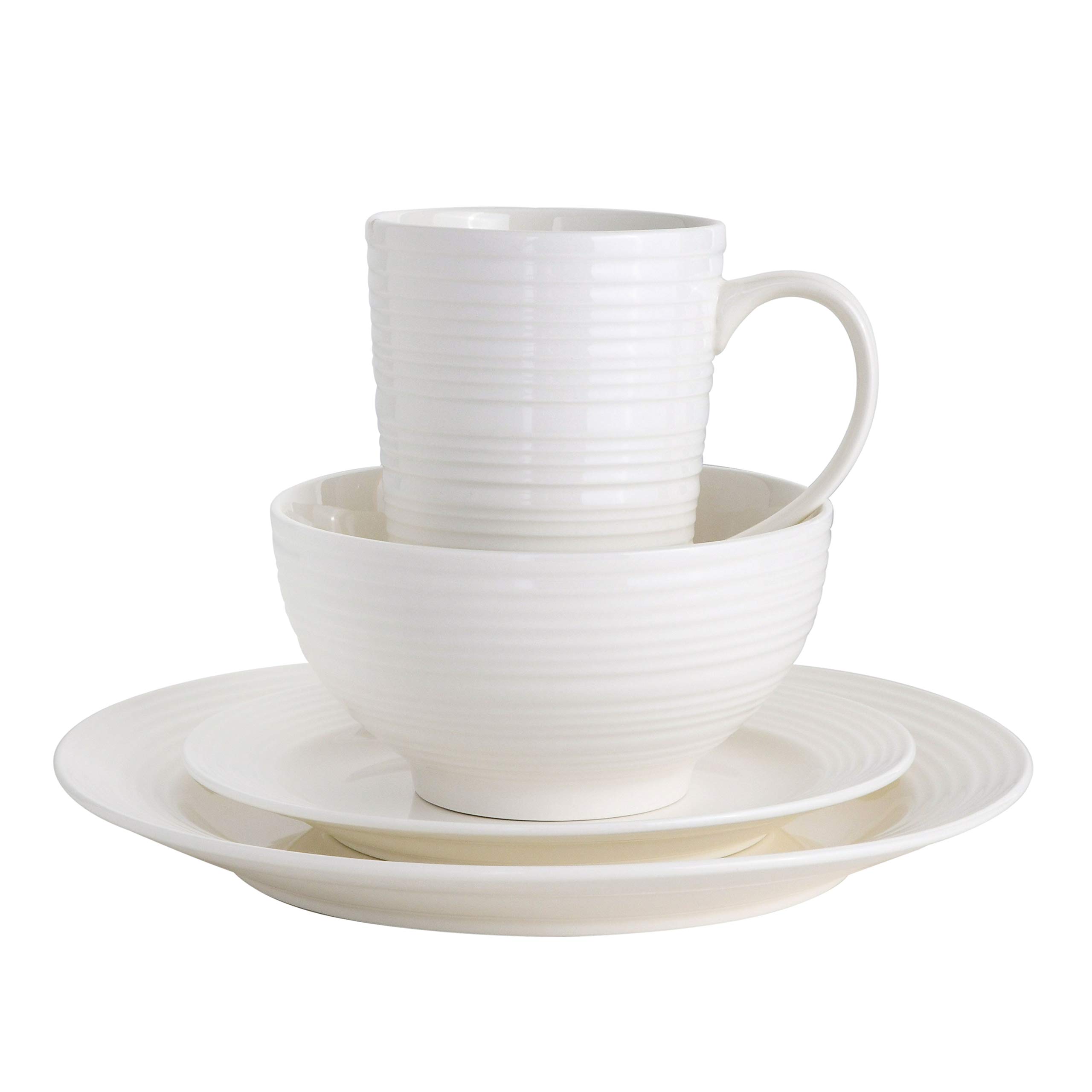 Gibson Home Amelia Court 16-Piece Dinnerware Set - White Porcelain Dinner Plates, Salad Plates, Bowls & Mugs - Elegant Tableware for Everyday Dining, Dinner Parties & Holiday Gatherings