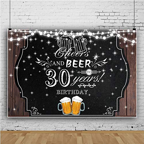 Baocicco 5x3ft Cheers & 30th Birthday Photography Backdrop - Yellow Beer Mug, Silver Bulbs, Shiny Stars on Rustic Wood Plank - Perfect for Birthday Parties, Beer Themed Events & Studio Photo Shoots