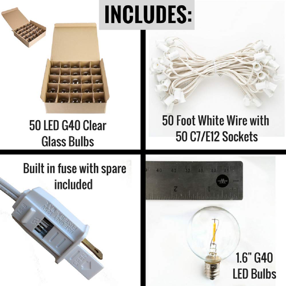 G40 LED Warm White Outdoor Patio String Lights - 50 ft with 0.6 Watt Bulbs, White Wire - Perfect for Backyard, Garden, Wedding & Party Decorations