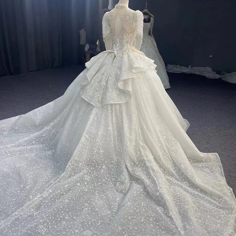 Elegant Women's Organza Ball Gown with Full Sleeves & Beaded Lace-Up Detail - Perfect for Prom, Evening Gala & Special Occasions