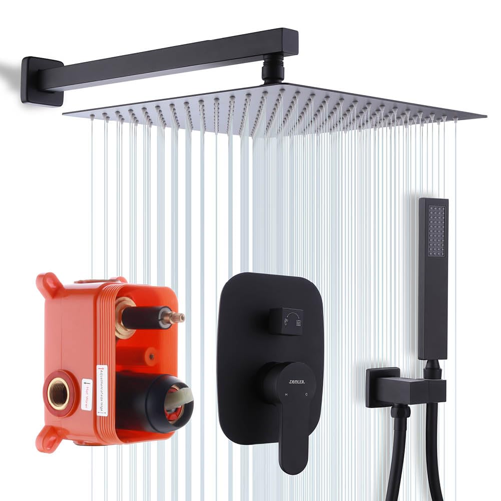 Premium Matte Black 12 Inch Rainfall Shower System with High Pressure Handheld Spray - Wall Mounted Shower Head Combo Set with Valve & Trim Kit - Perfect for Modern Bathrooms & Spa-Like Shower Experience