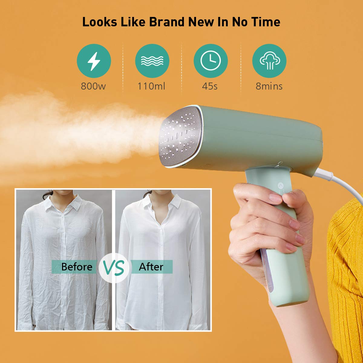 Homeasy Portable Handheld Clothes Steamer - Fast Heating Travel Garment Steamer with Detachable Water Tank | Compact & Lightweight for Wrinkles Removal | Perfect for Travel, Business Trips & Home Use (Green, Small)