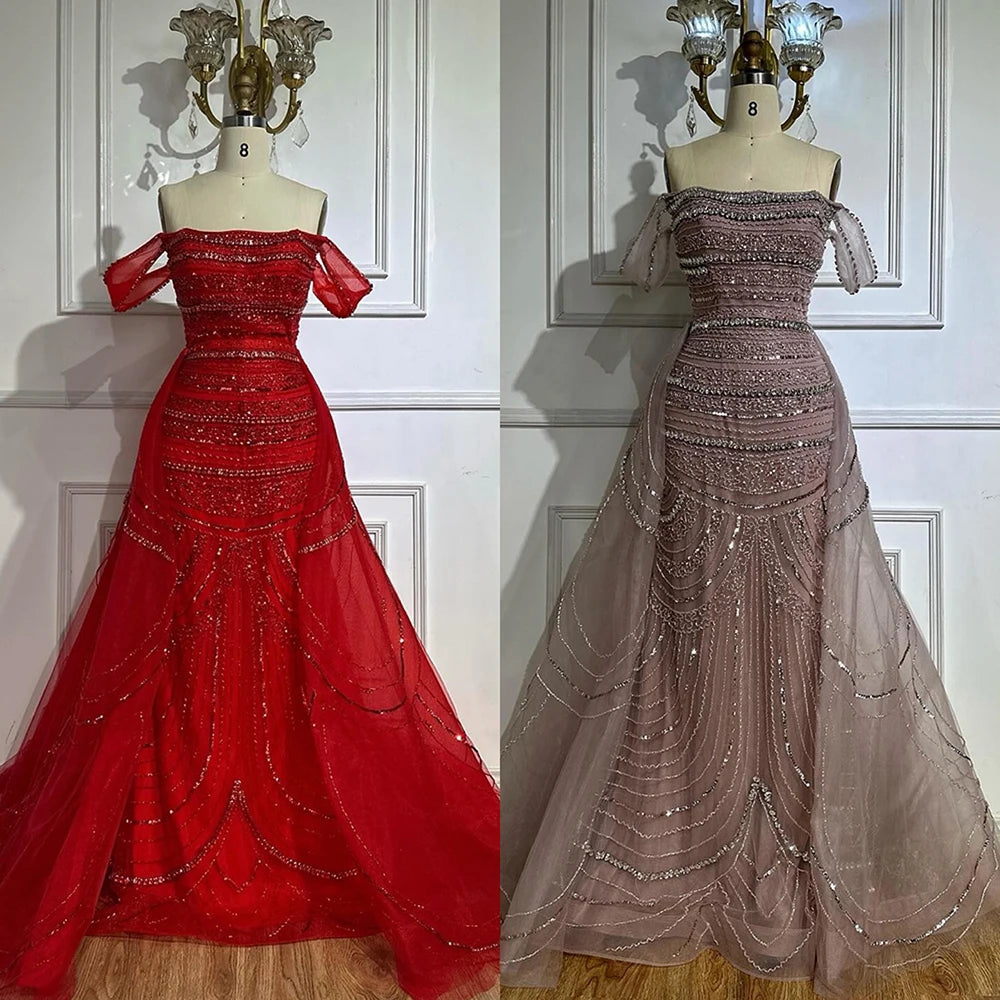 Elegant Dubai Arabic Pink Mermaid Beaded Evening Gown with Detachable Satin Overskirt - Formal Dress for Weddings, Galas & Special Occasions LA72781