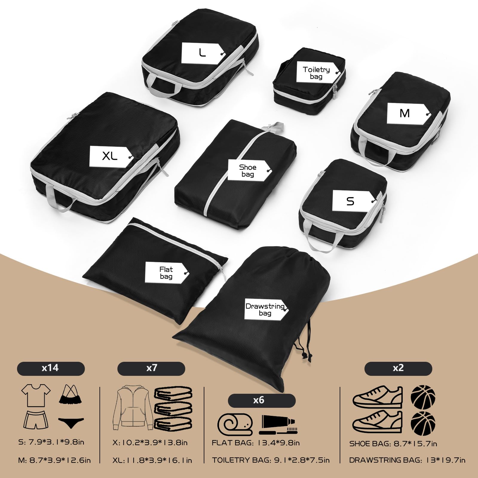 8-Piece Compression Packing Cubes Set for Travel - Luggage Organizer Bags for Women & Men (Black) | Perfect for Suitcase Organization, Business Trips & Vacation Packing