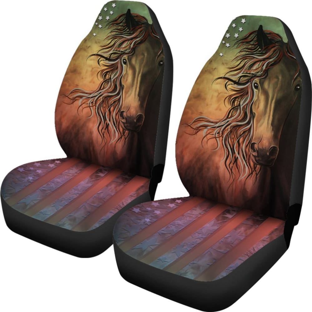 Abstract Horse USA Flag Universal Front Seat Covers - Durable Car Seat Protectors for Trucks & SUVs - Stylish Vehicle Interior Decoration for Patriotic Americans