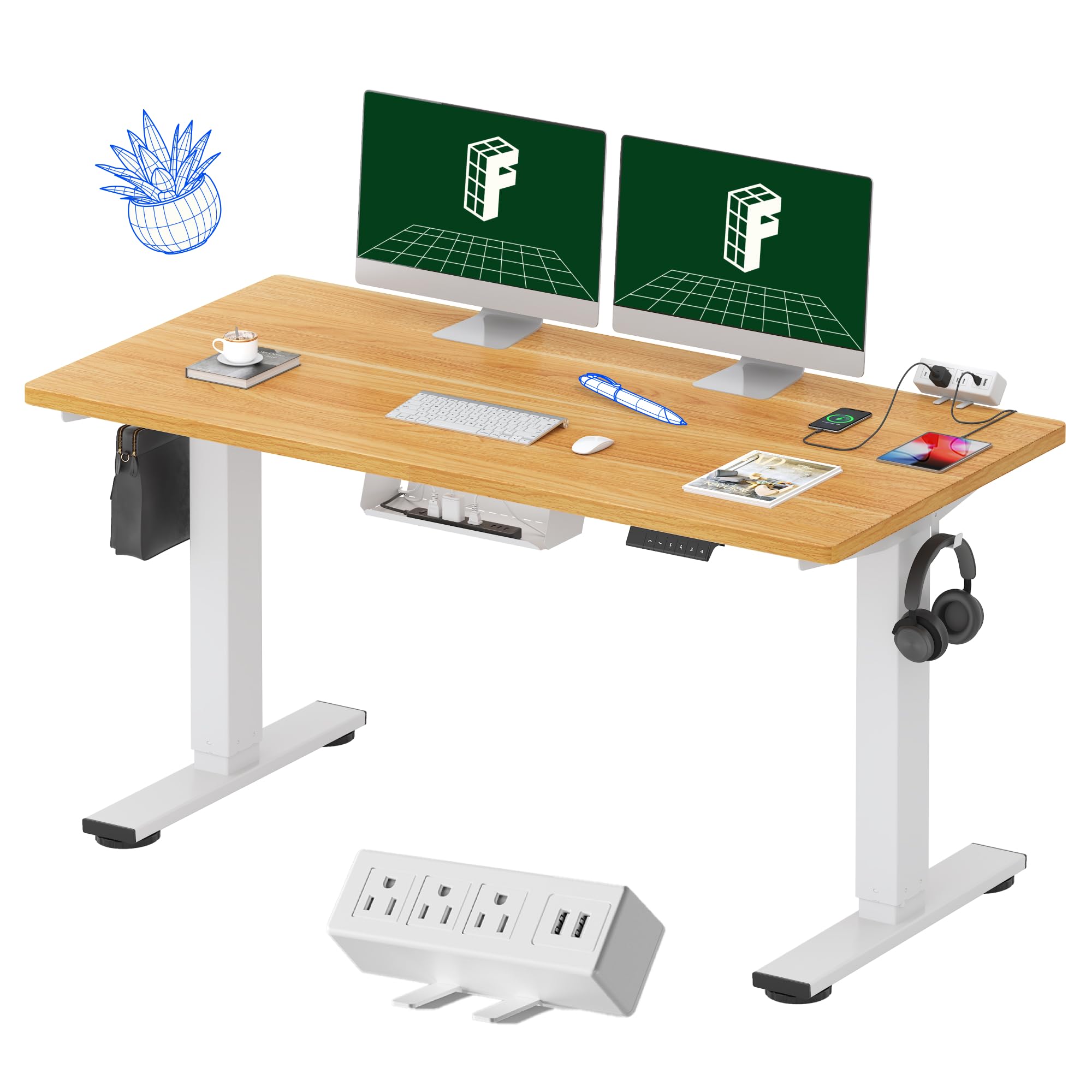 FlexiSpot EN2 Electric Standing Desk - 55 x 28 Inch Height Adjustable Workstation with Built-in Power Strip & Cable Management (White Frame & Maple Top) - Perfect for Home Office, Gaming Setup & Workspace Ergonomics