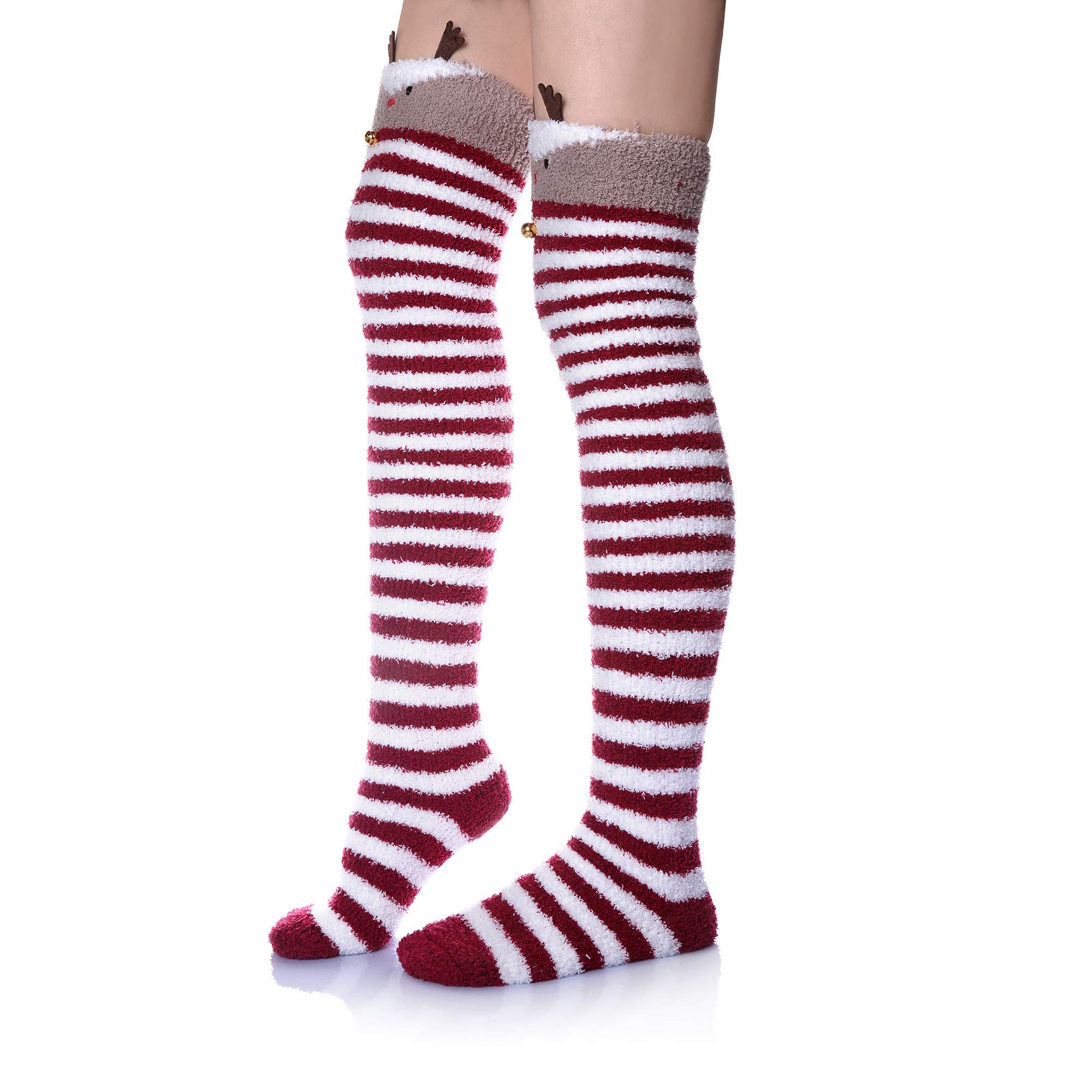 Wander G Women's Over Knee High Fuzzy Socks - Cute Cartoon Thigh High Stockings, Warm Striped Leg Warmers for Winter, Christmas Gifts, Lounge & Home Comfort