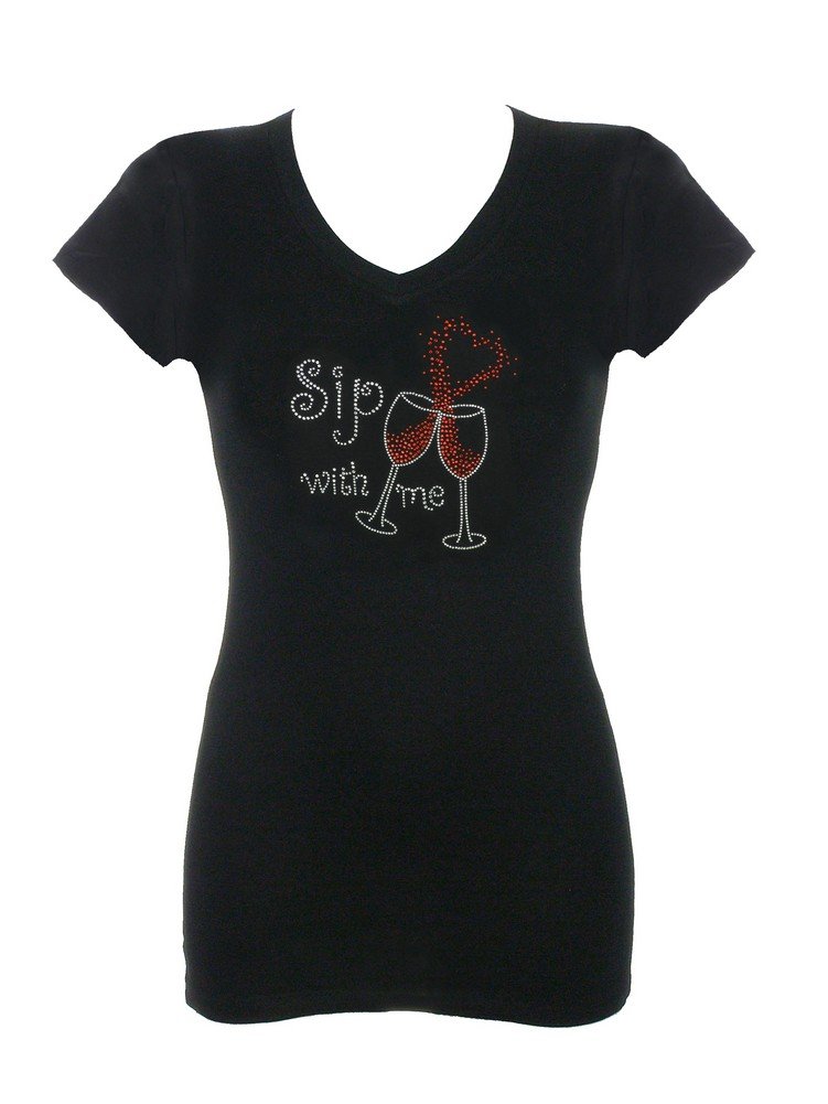 Stylish Women's Rhinestone Bling T-Shirt - Black Sip with Me Design | Perfect for Casual Wear, Girls Night Out & Party Outfits
