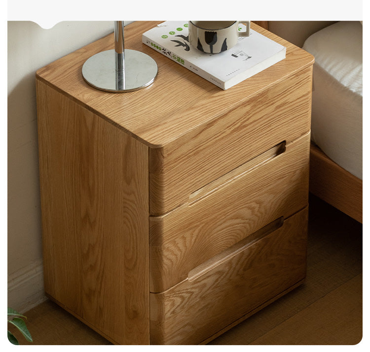 Solid Oak Wood 3-Drawer Nightstand with Lock - Bedside Table for Bedroom, Living Room & Office Storage