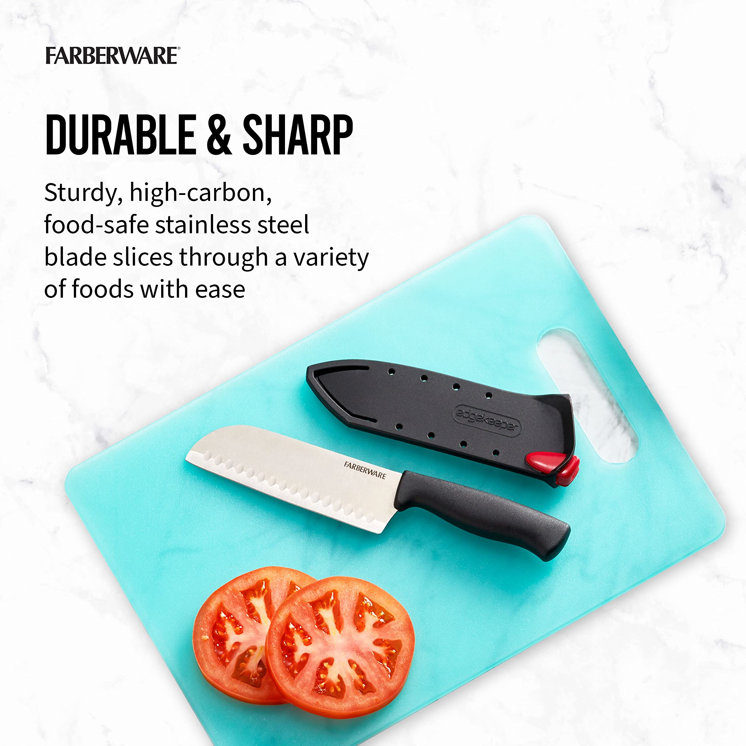 Farberware Edgekeeper 5-Inch Santoku Knife - High Carbon Stainless Steel Kitchen Knife with Self-Sharpening Blade Cover & Ergonomic Handle - Ultra Sharp Japanese Style Knife for Slicing, Dicing, and Mincing - Perfect for Home Chefs and Professional Kitchens