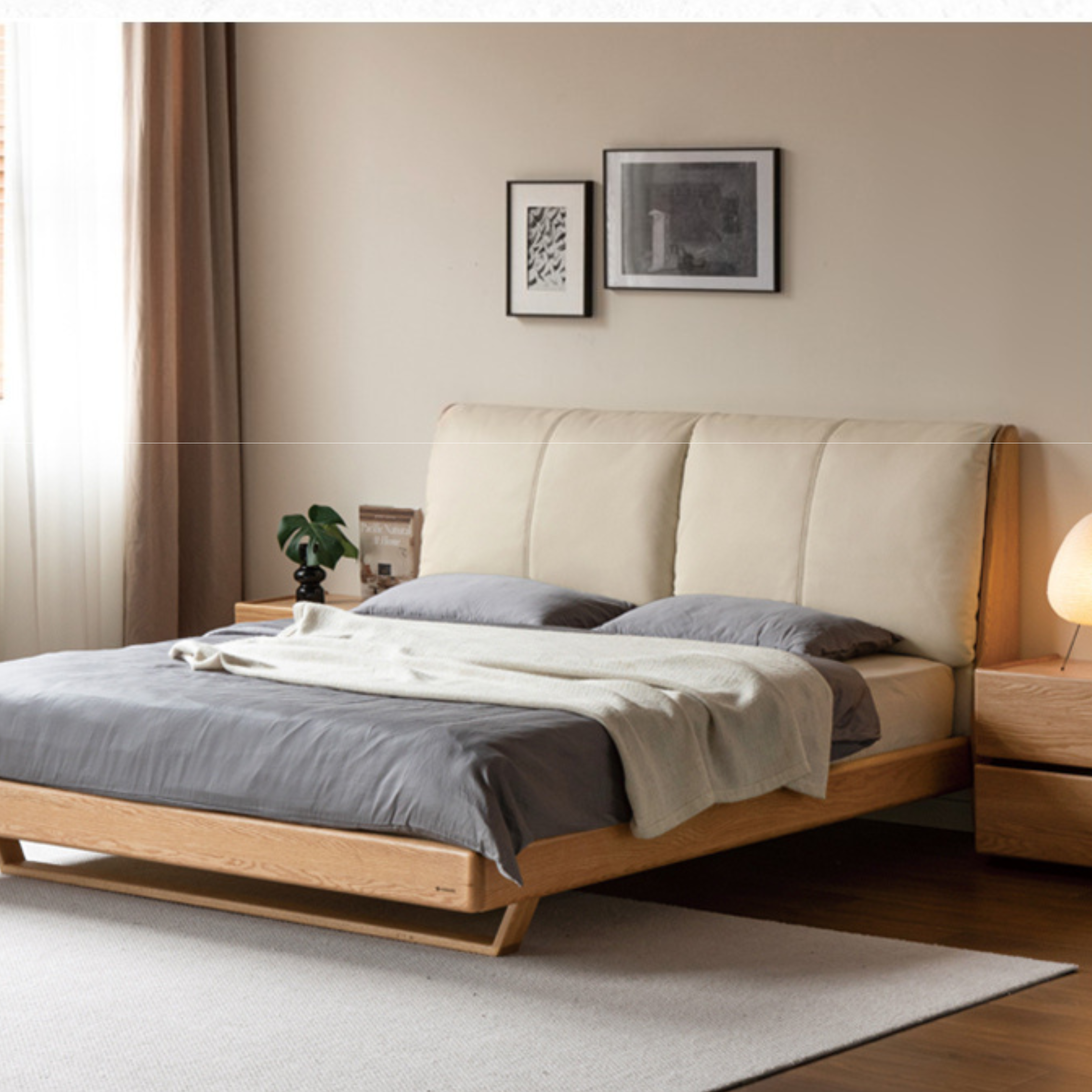 Italian Light Luxury Oak & Ash Solid Wood Leather Upholstered Suspended Bed - Elegant Master Bedroom Furniture for Modern Home Decor