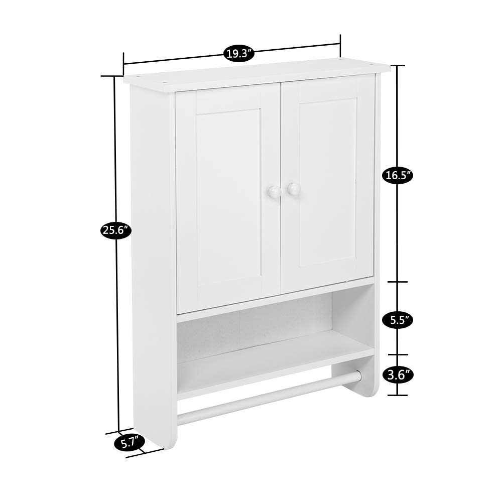White Double Door Bathroom Wall Cabinet with Towel Bar - Hanging Medicine Storage Organizer for Bathroom & Kitchen - Perfect for Small Space Organization, Bath Essentials Storage, and Home Decor