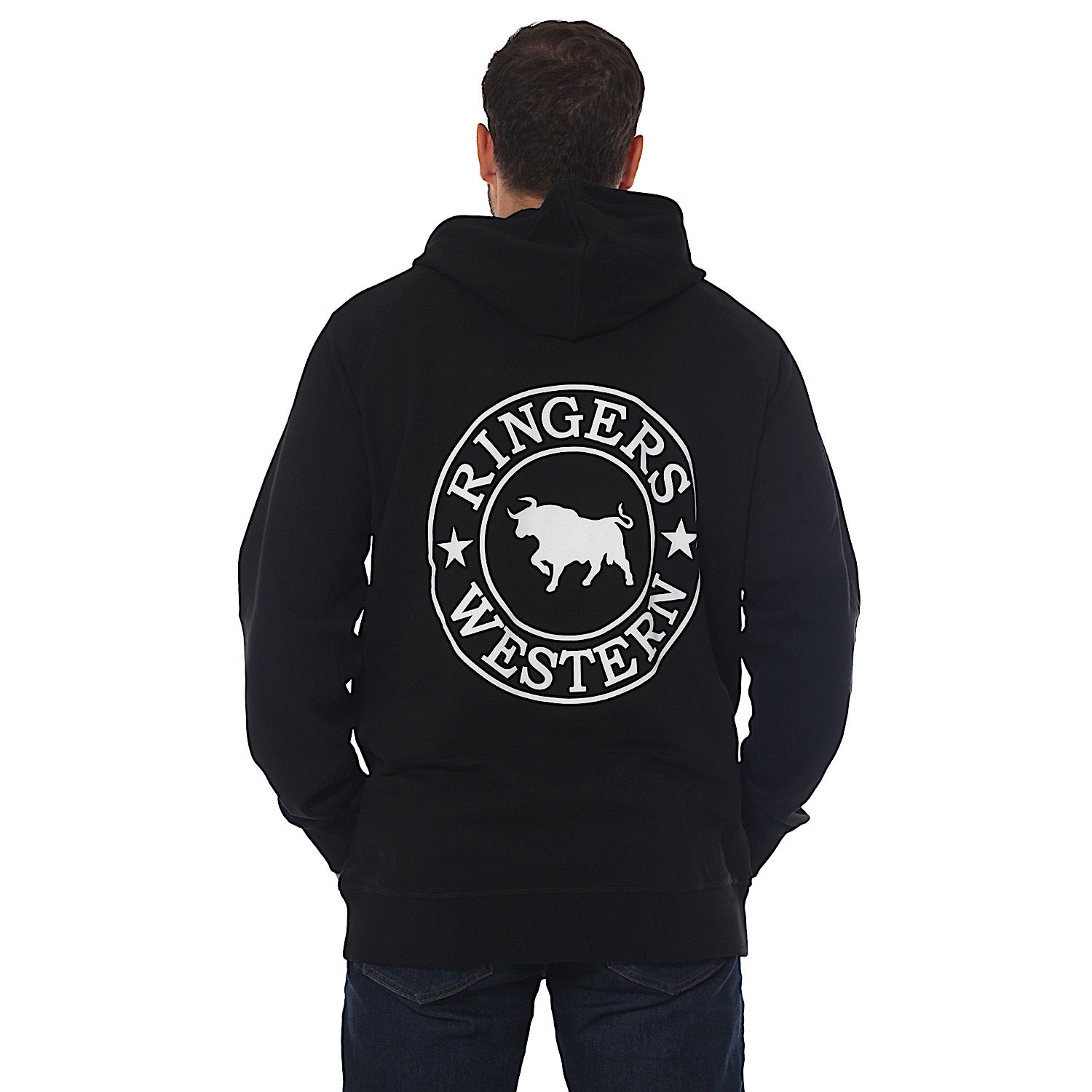Ringer's Western Men's Signature Bull Pullover Hoodie - Black with White Print - Casual Wear for Cowboy Rodeo & Outdoor Activities