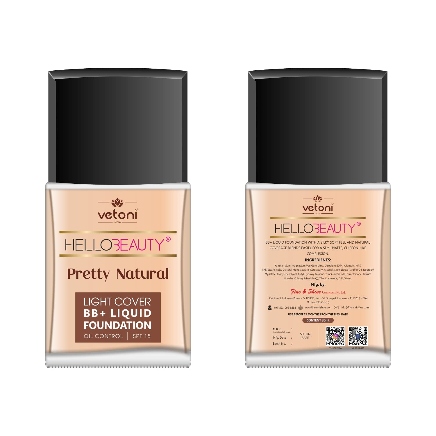 Vetoni Hello Beauty BB Cream Liquid Foundation - Oil Control, Natural Glow, Moisturizing & Softening for All Skin Types | 30ml x 4 Pack | Daily Makeup, Work, Date & Special Occasions