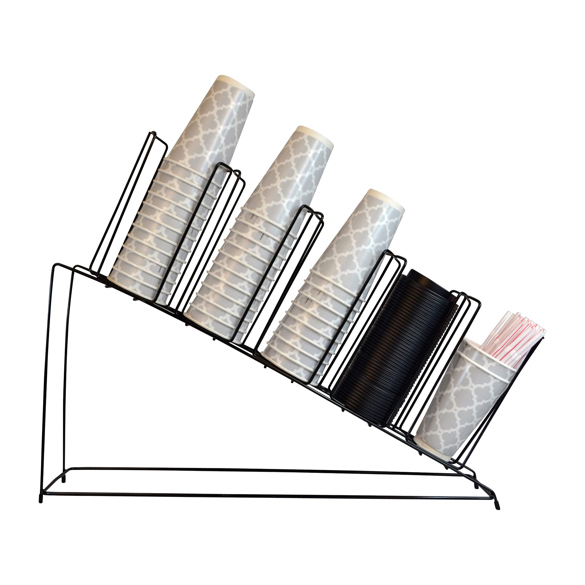 Black Slanted 5-Section Cup and Lid Organizer - Sturdy Storage Holder for Coffee Mugs, Drink Lids & Straws - Perfect for Kitchen Counter, Office Desk or Coffee Station Organization