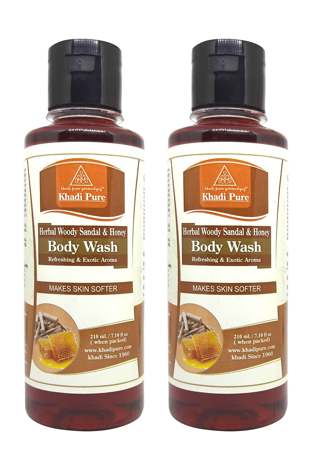 Khadi Pure Herbal Woody Sandal & Honey Body Wash - 210ml (Pack of 2) | Natural Ayurvedic Body Cleanser for Dry & Sensitive Skin | Perfect for Daily Shower & Spa Relaxation