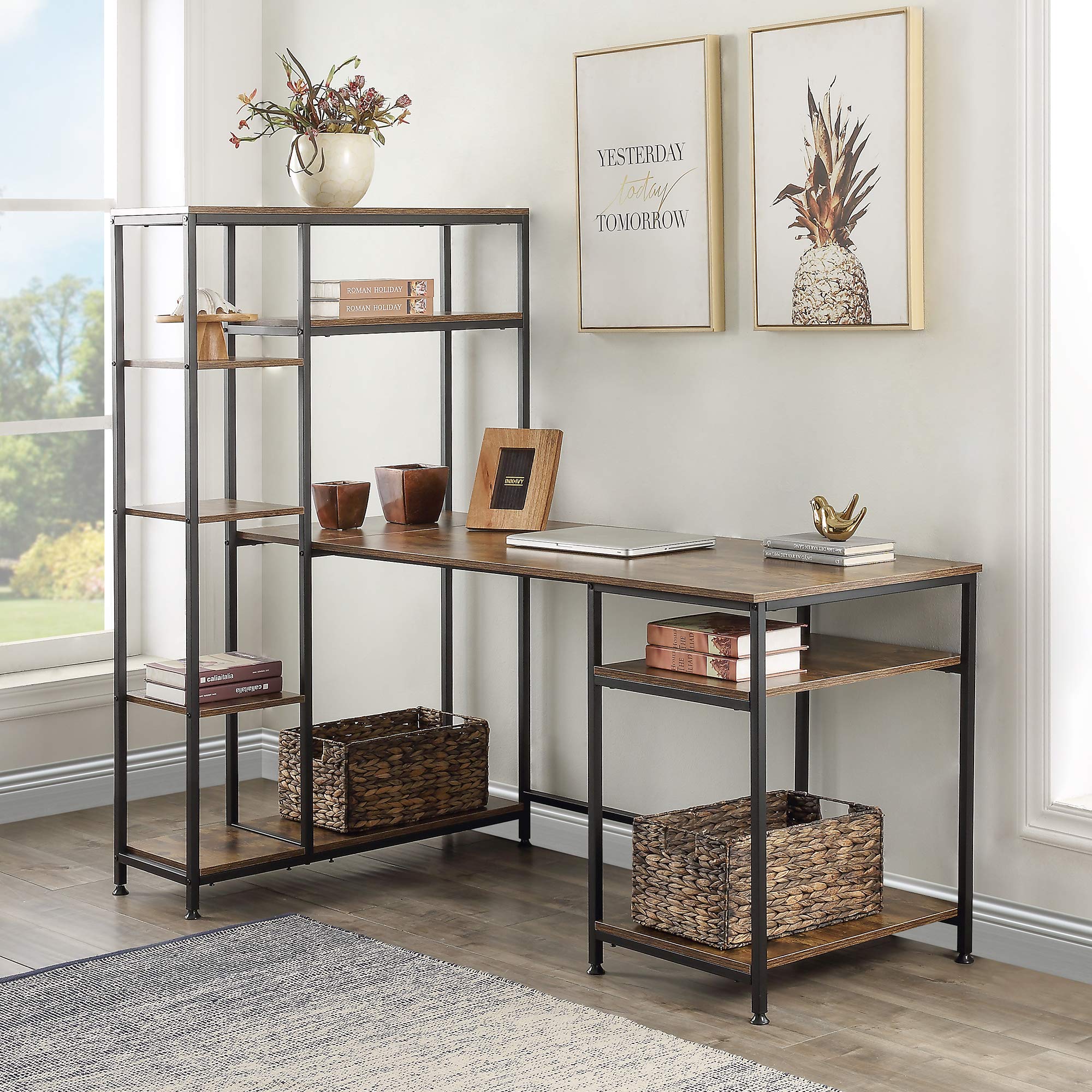 Modern Large Writing Computer Desk with Multiple Storage Shelves - Home Office Desk with Host Stand, Brown | Perfect for Remote Work, Study & Gaming Setup