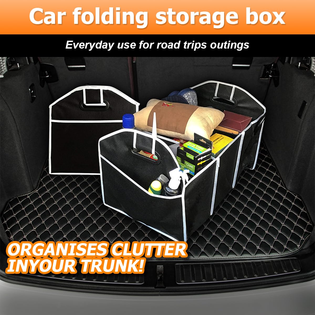 Foldable Car Trunk Organizer with 3 Compartments - Large Capacity Waterproof Storage Box for SUV, Truck, Van - Portable Auto Organizer for Travel, Camping & Road Trips