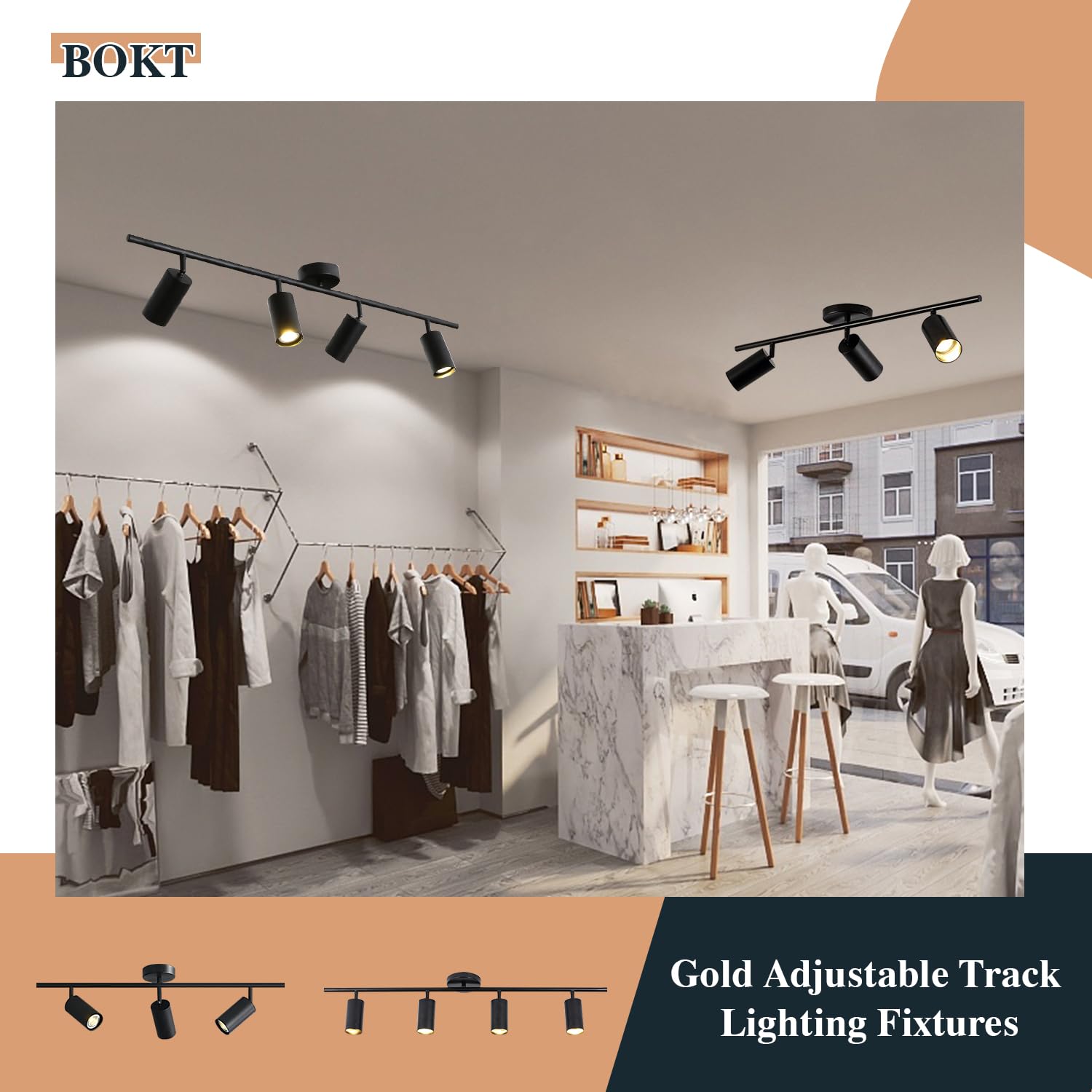 BOKT Modern Matte Black 3-Light Adjustable LED Track Lighting Kit - Industrial 3-Way Flush Mount Ceiling Spotlight Fixture for Living Room, Kitchen & Retail Stores