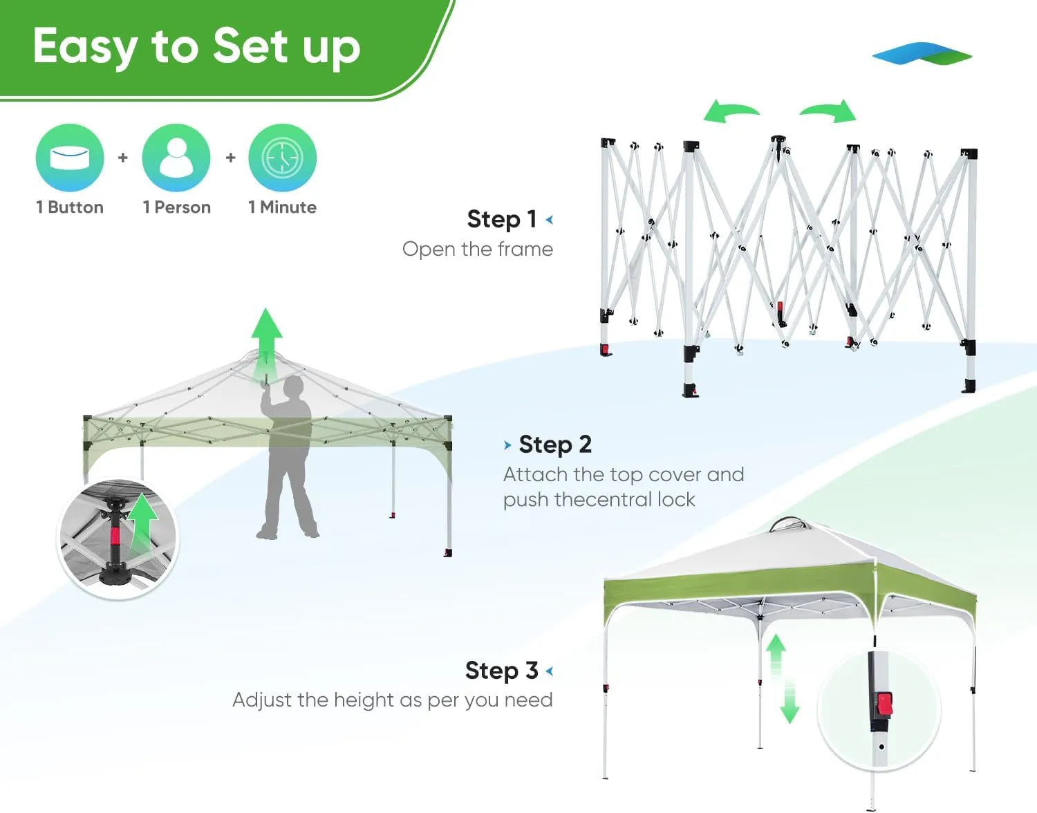 10' x 10' Pop Up Canopy Tent - Easy One Person Setup, Instant Shelter for Outdoor Events, Camping, Beach Parties, and Farmers Markets