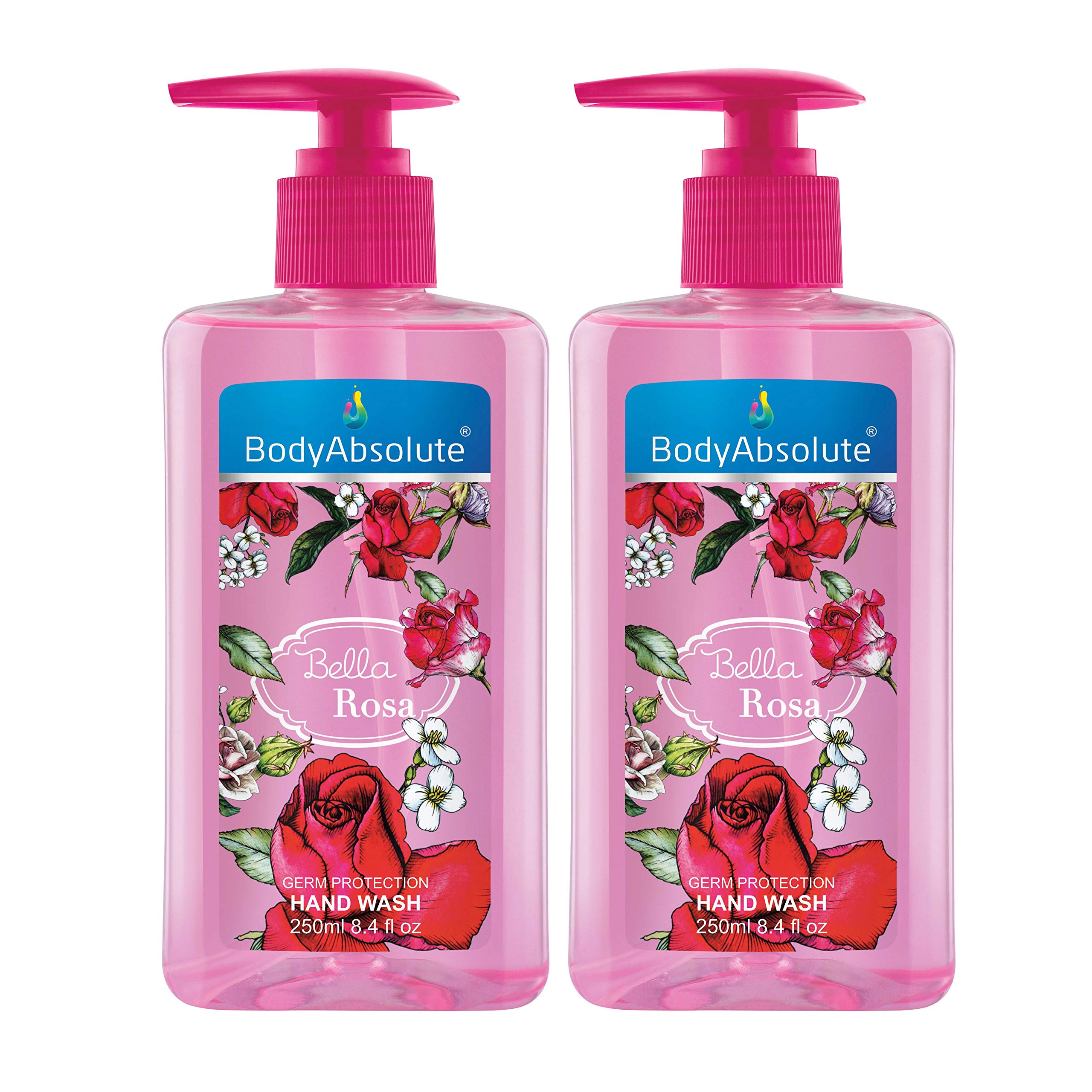BodyAbsolute Bella Rosa Antibacterial Hand Soap with Pump - Moisturizing Liquid Hand Wash for Deep Cleaning, Hygiene & Skin Care (250ml, Pack of 2) - Perfect for Bathroom, Kitchen & Office Use