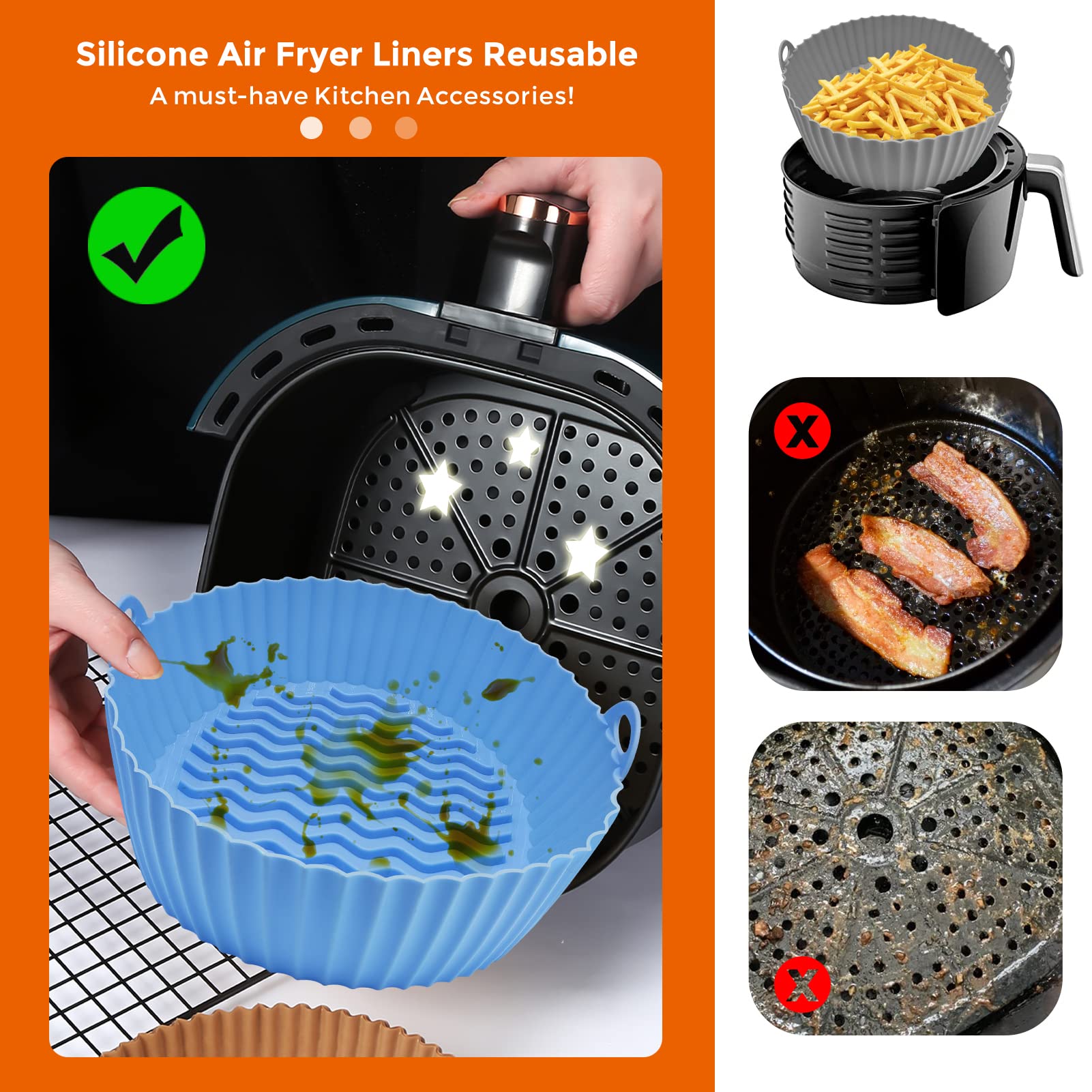 2-Pack Reusable Silicone Air Fryer Liners (8.5 Inch) - Non-Stick Basket Accessories for Ninja, COSORI, Instant Pot, Gourmia & More - Perfect for Baking, Roasting & Reheating in Air Fryers & Microwaves