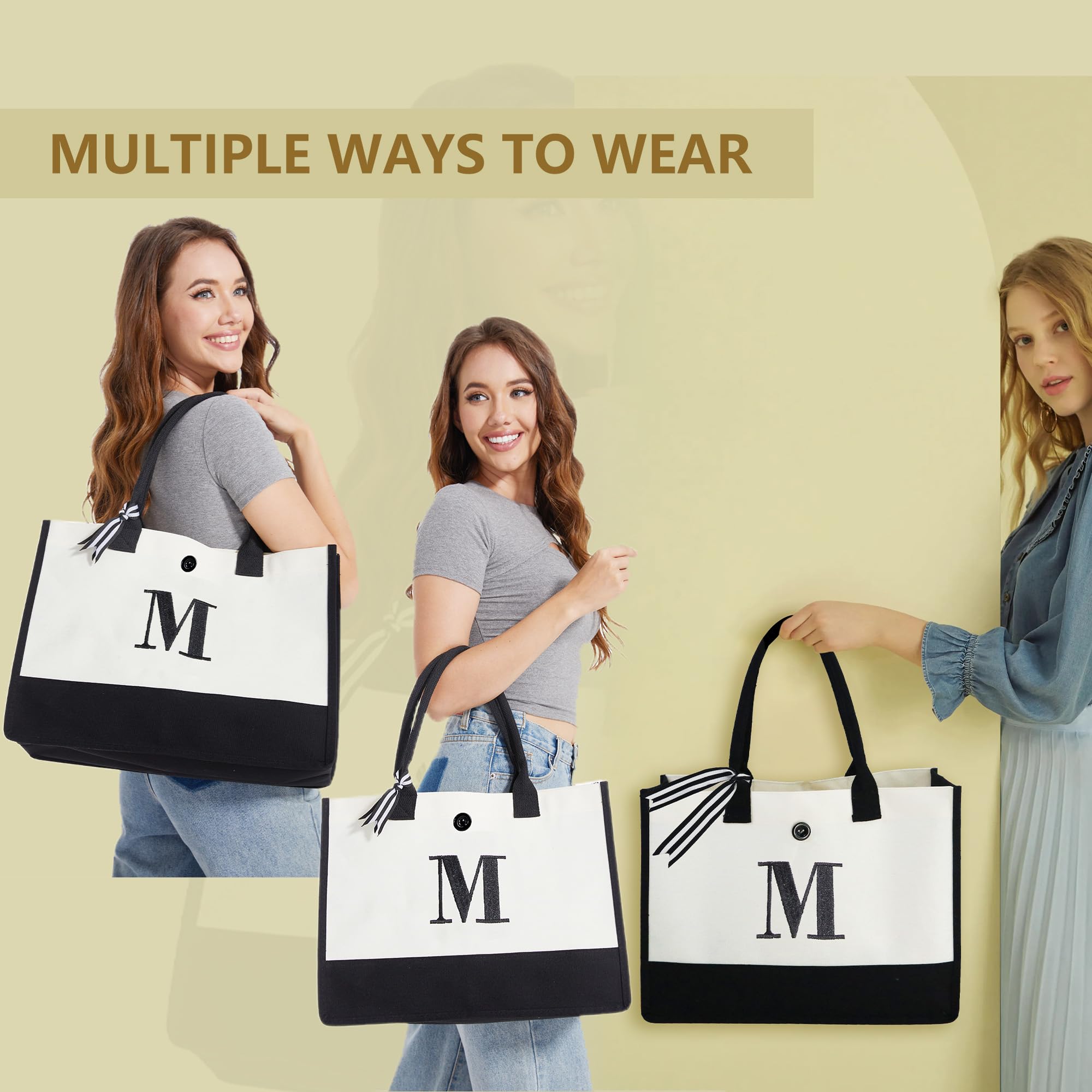 BeeGreen Personalized Initial Tote Bag for Women - 13oz Canvas Gift with Pocket - Birthday Present for Sister, Mom, Friends & Teacher - Perfect for Shopping, Work & Daily Use