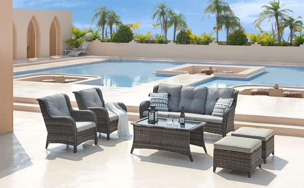 HUMMUH Outdoor Coffee Table - Rattan PE Wicker Patio Side Table with Black Glass Top, Rectangle Sofa Table in Grey - Perfect for Garden, Balcony, and Poolside Relaxation