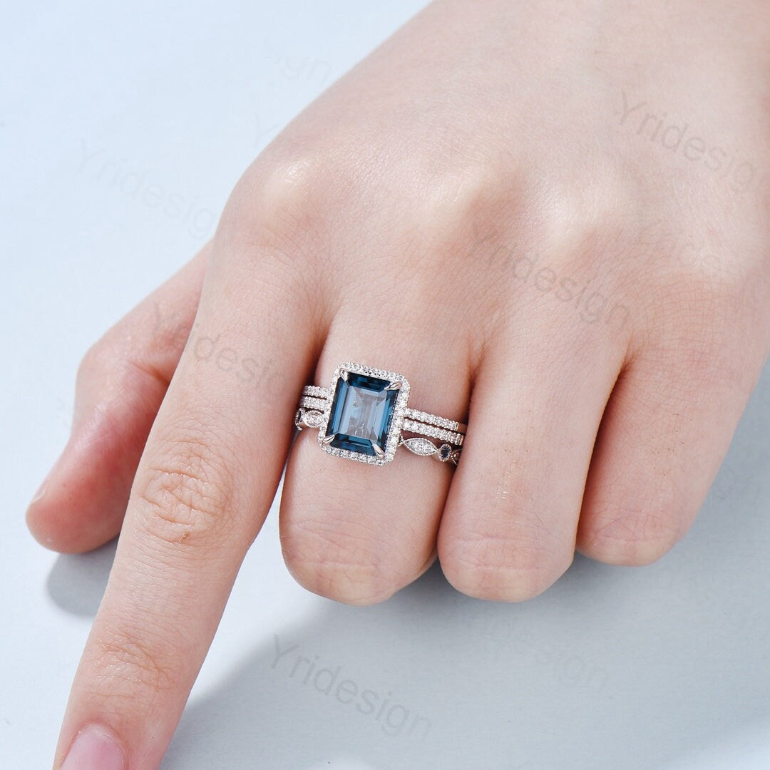 14K White Gold London Blue Topaz Emerald Cut Engagement Ring with Halo Diamonds - Art Deco Bridal Wedding Ring Set for Women, Perfect for Proposals, Anniversaries & Special Occasions