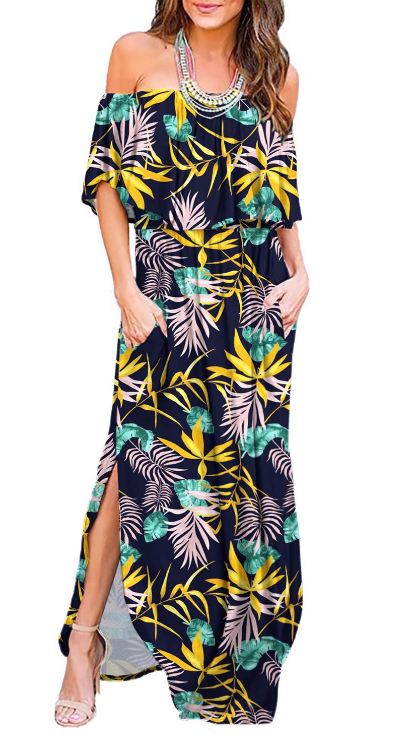 LILBETTER Women's Off The Shoulder Ruffle Party Dress with Side Slit - Elegant Beach Maxi Dress for Summer Vacations, Weddings & Cocktail Parties