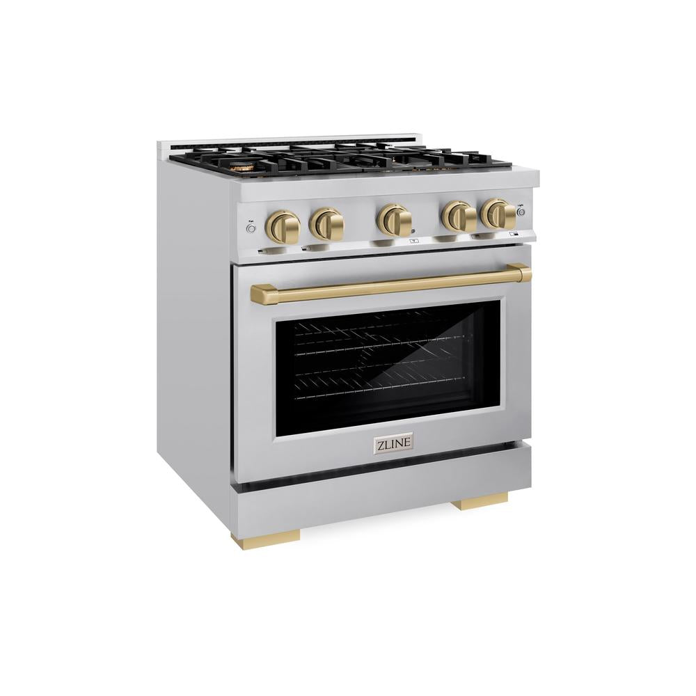 ZLINE Autograph Edition 30 Inch 4.2 Cu Ft Gas Range with 4 Burner Cooktop & Convection Oven - Stainless Steel with Champagne Bronze Accents (HGRZ 30 CB) - Perfect for Modern Kitchens & Professional Style Cooking