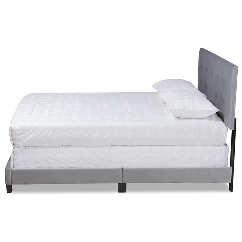 BOWERY HILL Grey Upholstered Queen Size Panel Bed Frame - Modern Upholstered Platform Bed with Wooden Slats - Perfect for Master Bedroom, Guest Room & Apartment