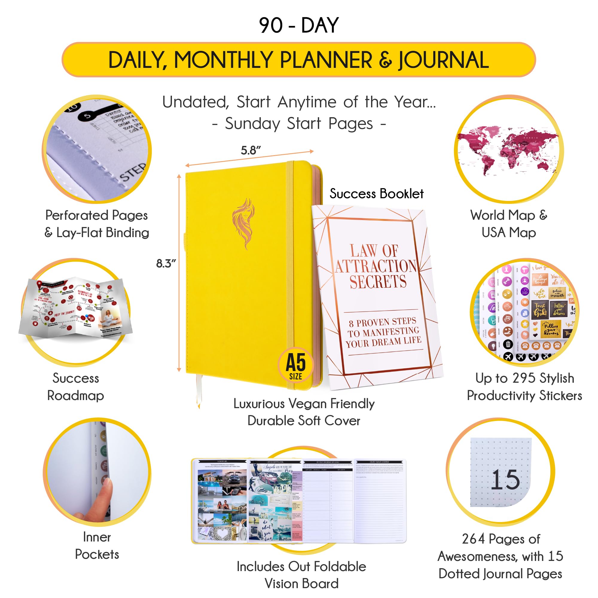 5 Minute Gratitude Journal for Women & Men - 90-Day Undated Daily Planner for Self Care, Positivity & Manifestation | Guided Mindfulness & Reflection Journal with Vision Board & Stickers | Perfect for Daily Affirmations, Goal Setting & Personal Growth