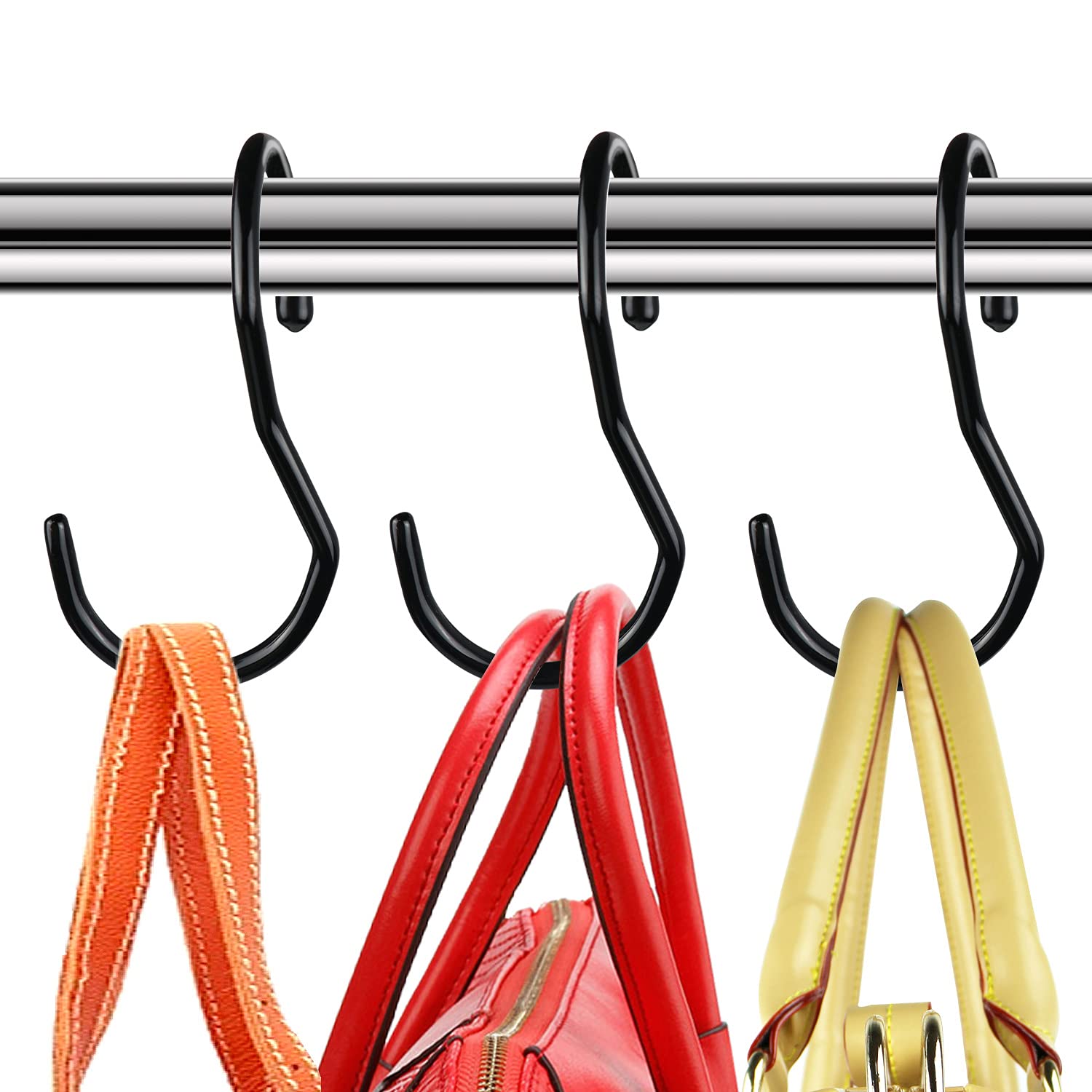8 Pack Purse Hangers for Closet - Heavy Duty Bag Hooks with Unique Twist Design, Large Closet Rod Hooks for Organizing Purses, Handbags, Belts, Scarves, Hats & Clothes - Space Saving Storage Solution for Bedroom, Closet & Dorm (Black)