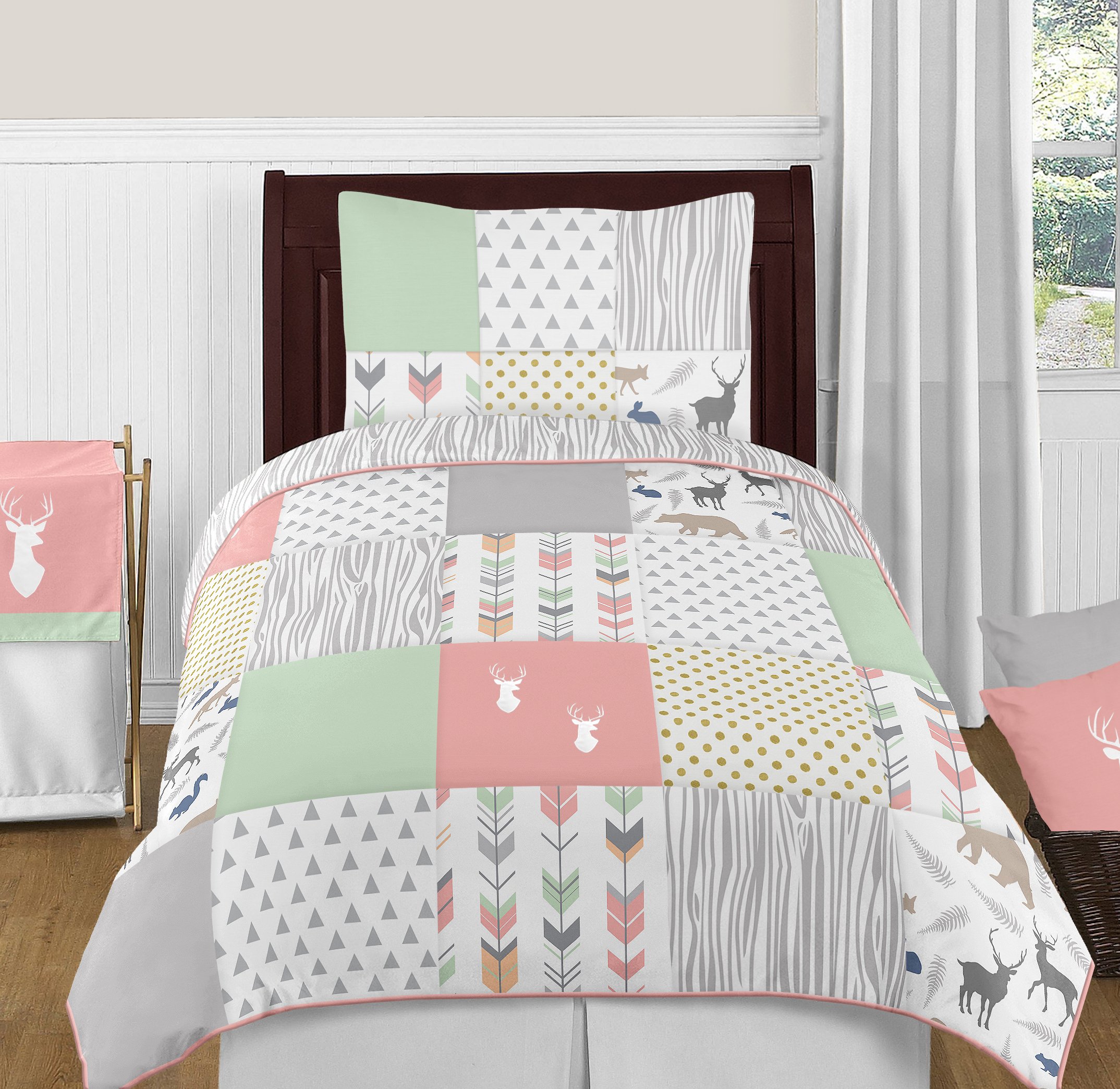 Woodsy Deer 4-Piece Twin Bedding Set for Girls - Coral, Mint & Grey | Soft Kids' Bed Sheets, Pillowcase & Comforter | Perfect for Nursery, Bedroom & Sleepovers