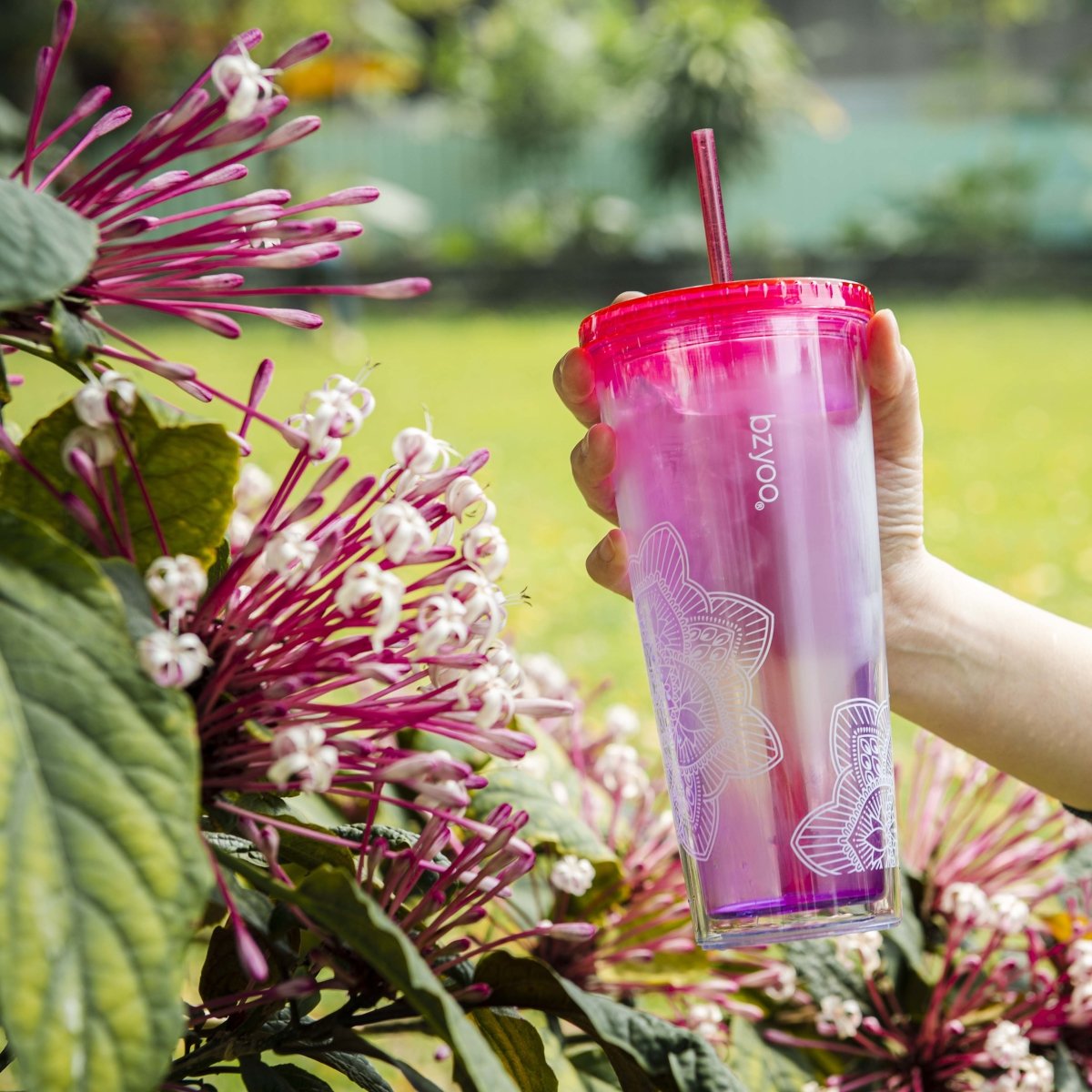 24oz Double Wall Insulated Plastic Tumbler with Lid and Straw - La La Mandala Pink Design | Leakproof Travel Mug for Coffee, Tea & Cold Drinks | BPA-Free Reusable Cup for Office, Gym & Outdoor Activities