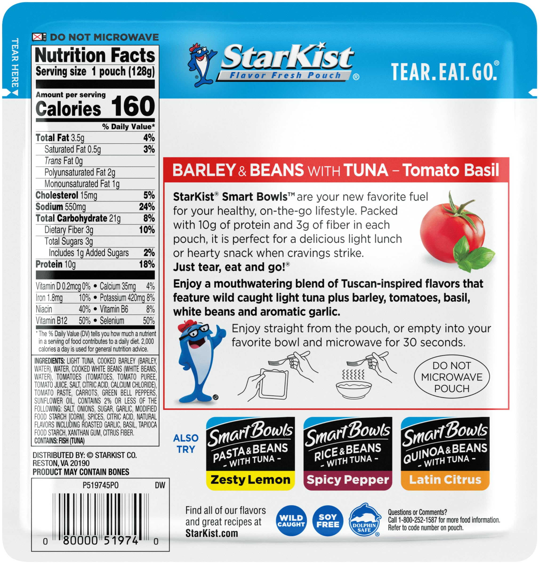 Starkist Smart Bowls Tomato Basil Barley & Beans Tuna, 4.5 oz (Pack of 3) - Healthy Ready-to-Eat Meal for Office Lunch, Quick Dinner & On-the-Go Snacks