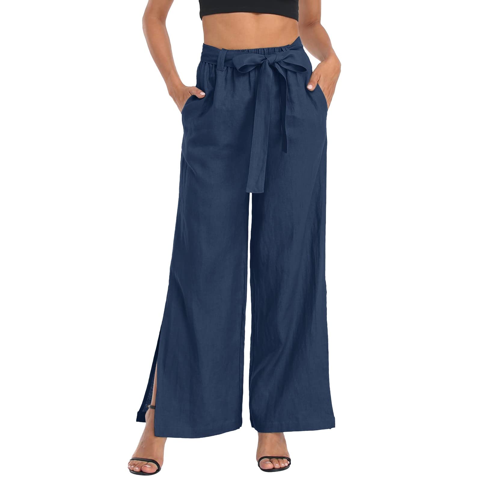 Women's Brown Linen Pants - Cotton Linen Blend Elastic Waist Wide Leg Trousers with Drawstring - Casual & Dressy Black Pants for Women - Perfect for Office, Travel & Summer Outfits