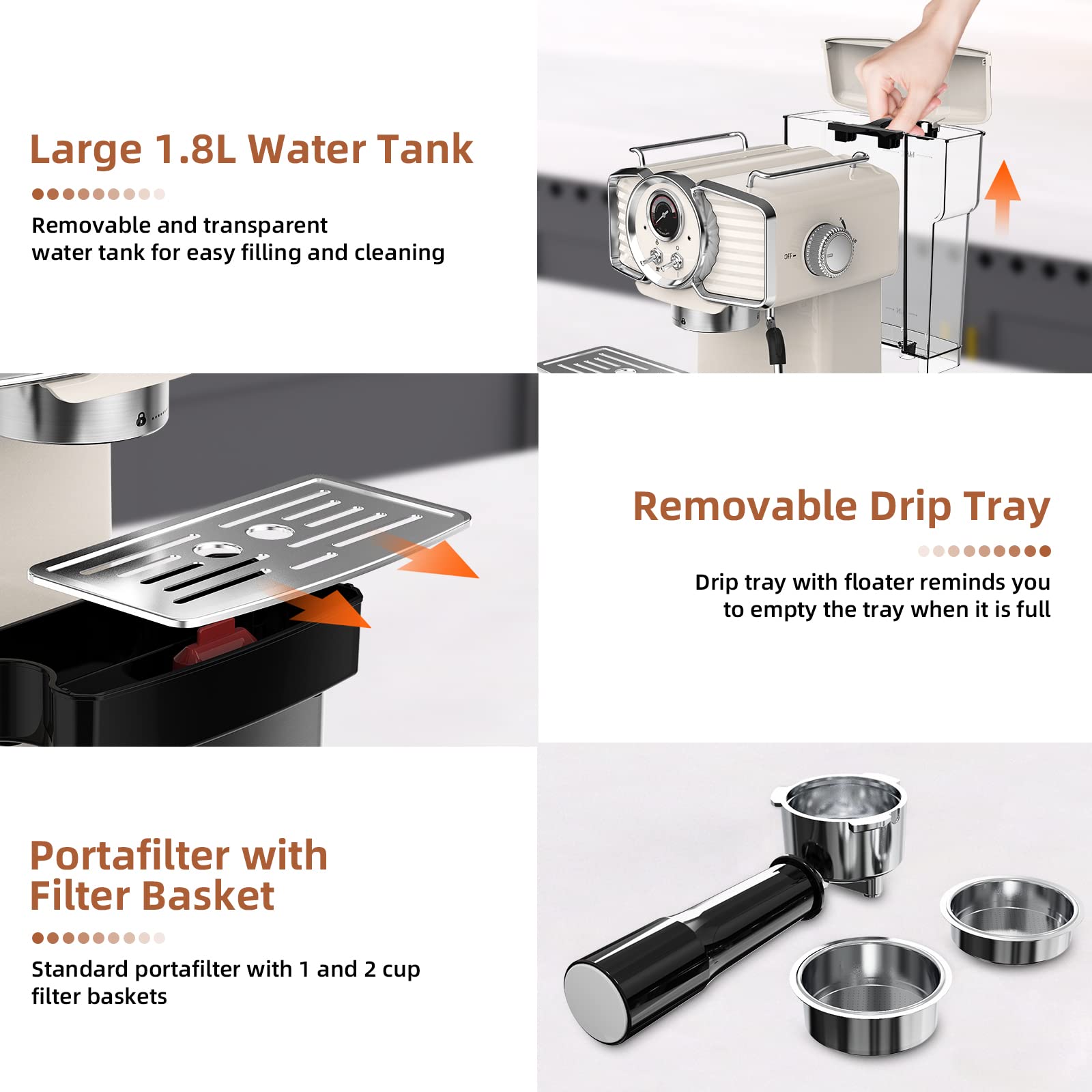 Professional 20 Bar Espresso Machine with Milk Frother Steamer Wand - 1.8L Removable Water Tank - Retro Off-White Coffee Maker for Home - Perfect for Making Espresso, Cappuccino & Latte - Ideal for Kitchen, Office or Small Coffee Shop Use
