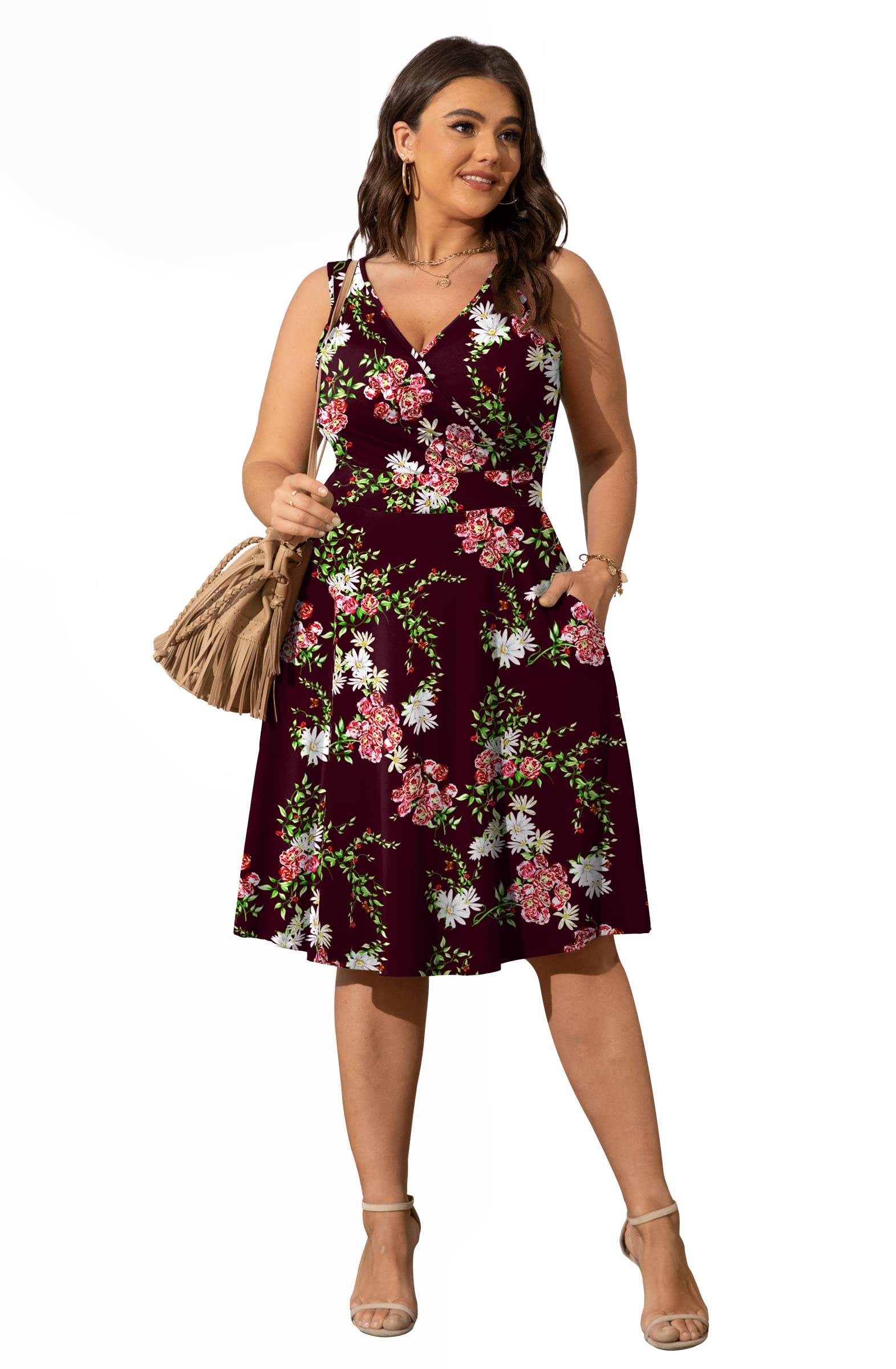 **POSESHE Women's Plus Size Sleeveless Wrap V-Neck Sundress - Casual Summer Wedding Guest Cocktail Dress with Pockets - Perfect for Beach, Party & Office Wear**
