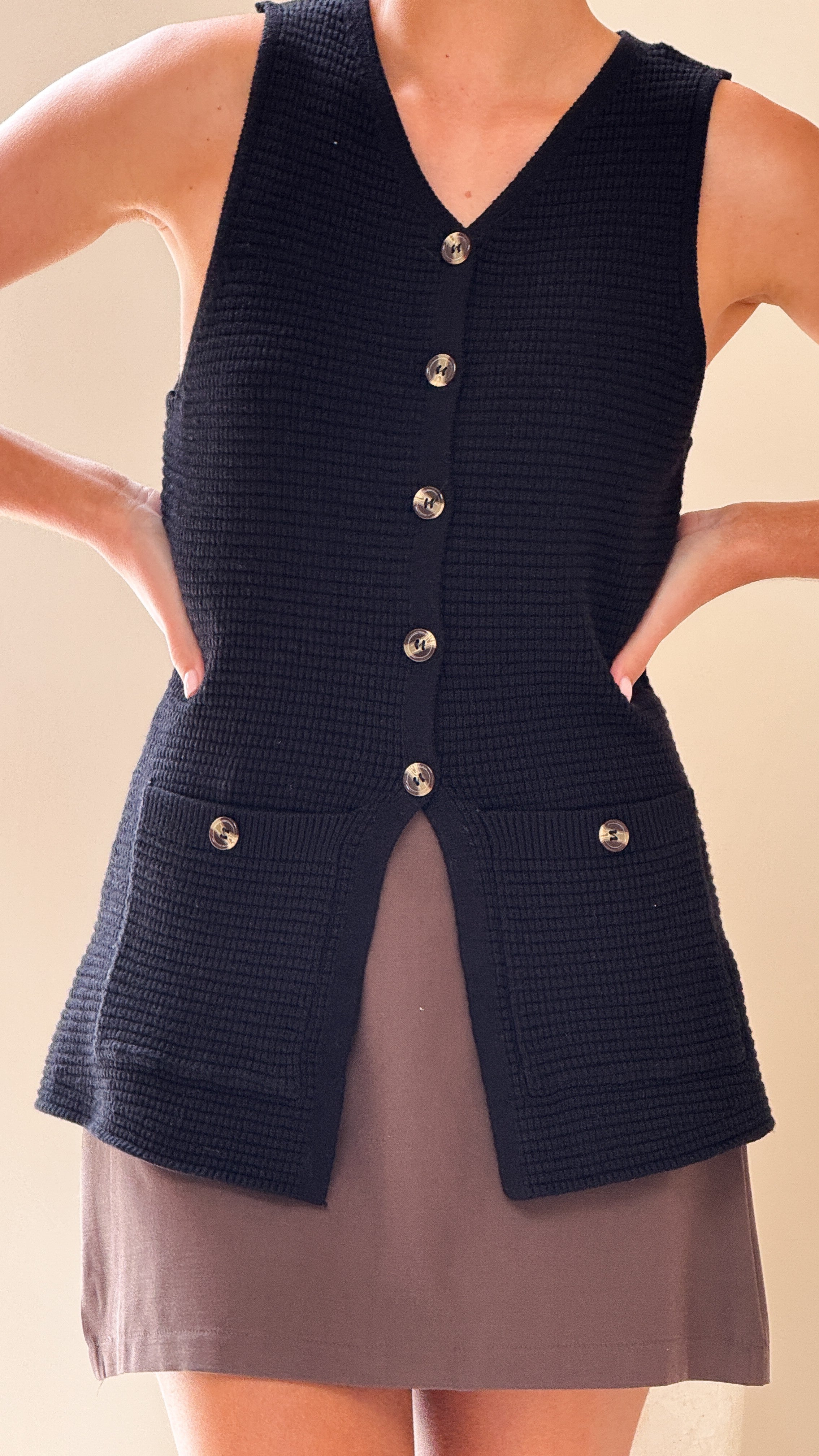 Inari Knit Button Up Vest for Women - Stylish Black Sleeveless Layering Piece for Fall & Winter Outfits