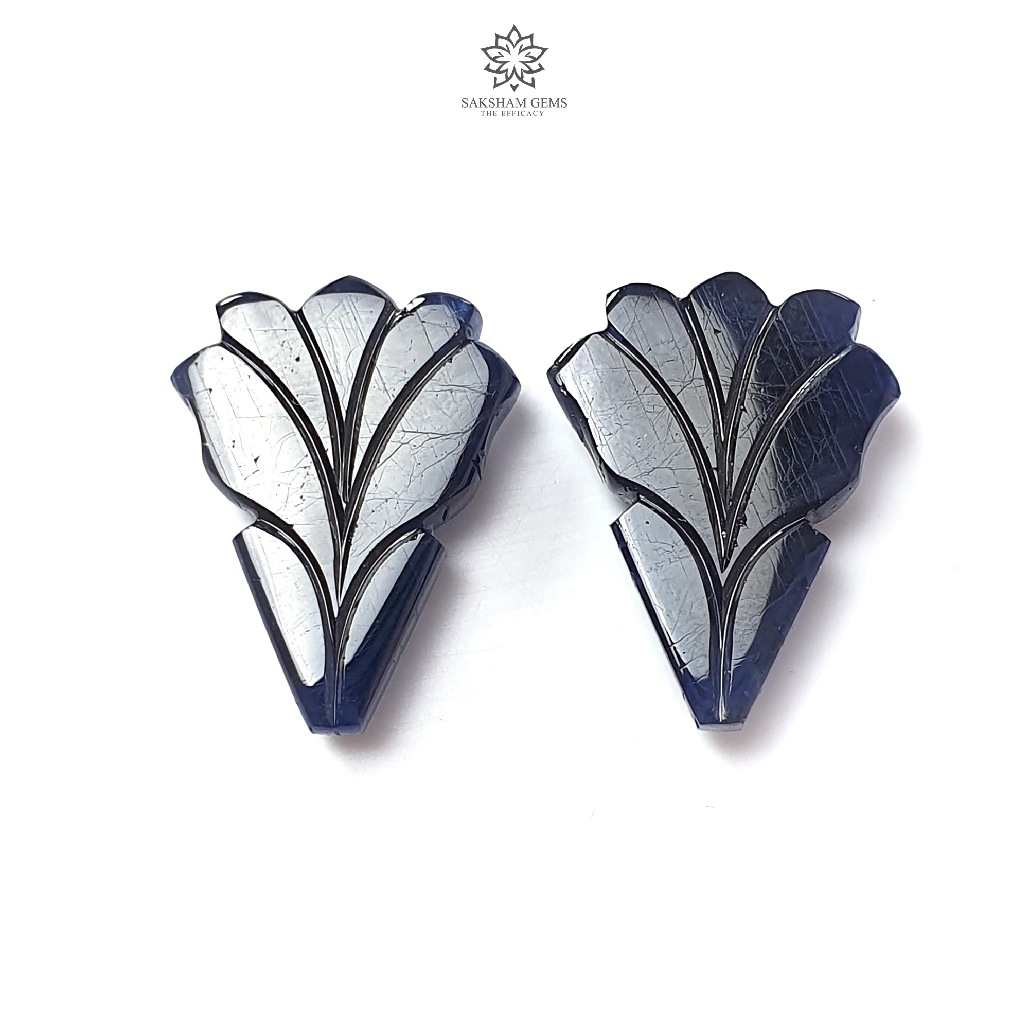 Natural Untreated Dark Blue Sapphire Gemstone Carving - 49.40cts Unheated Hand-Carved Fancy Shape 25x18mm Pair for Jewelry Making & Luxury Gifts