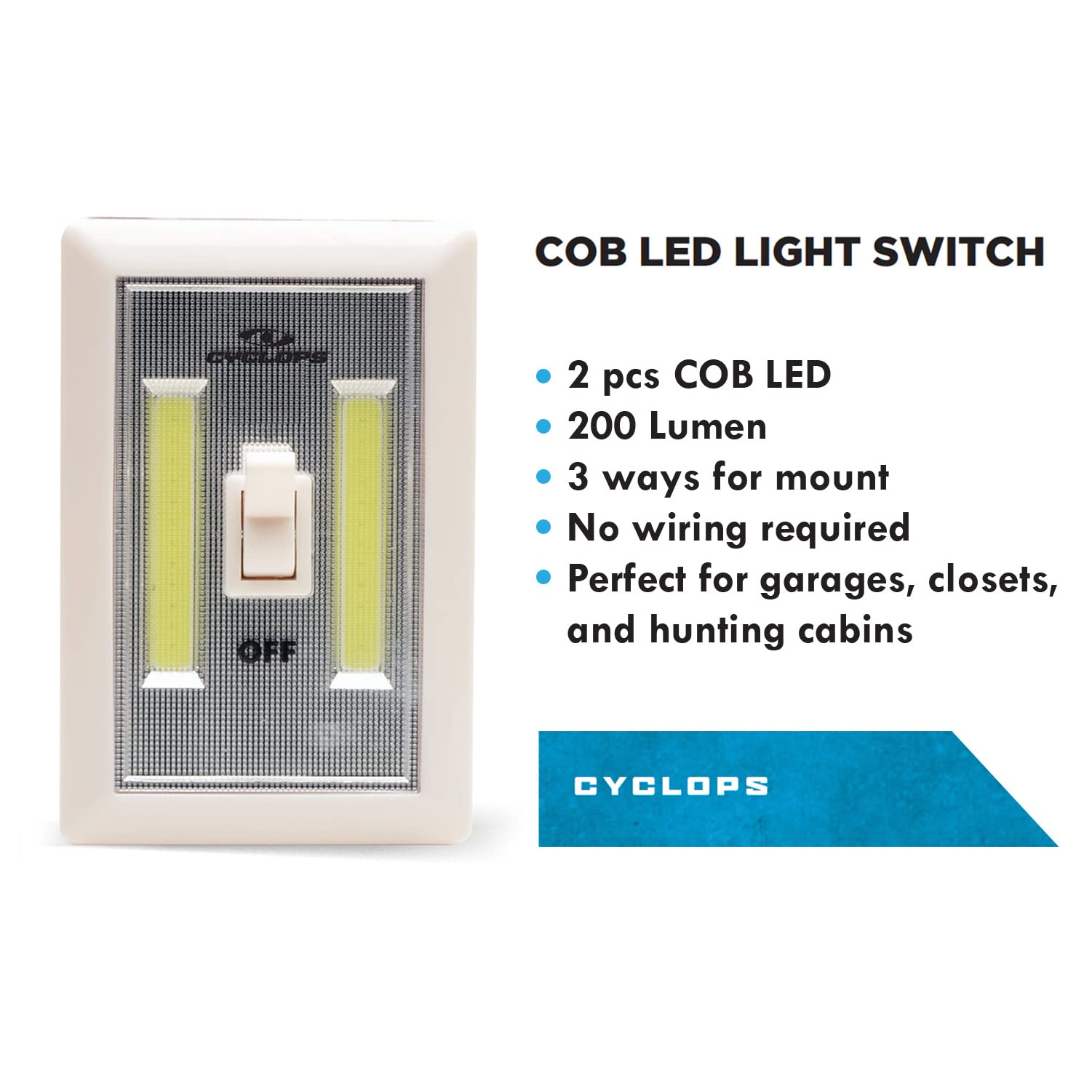 Cyclops COB LED Light Switch - 2 Pack Ultra Bright Portable Cordless Battery Operated Lights for Garage, Closet, Pantry, Hunting | Perfect for Dark Spaces, Emergency Lighting, and Outdoor Adventures