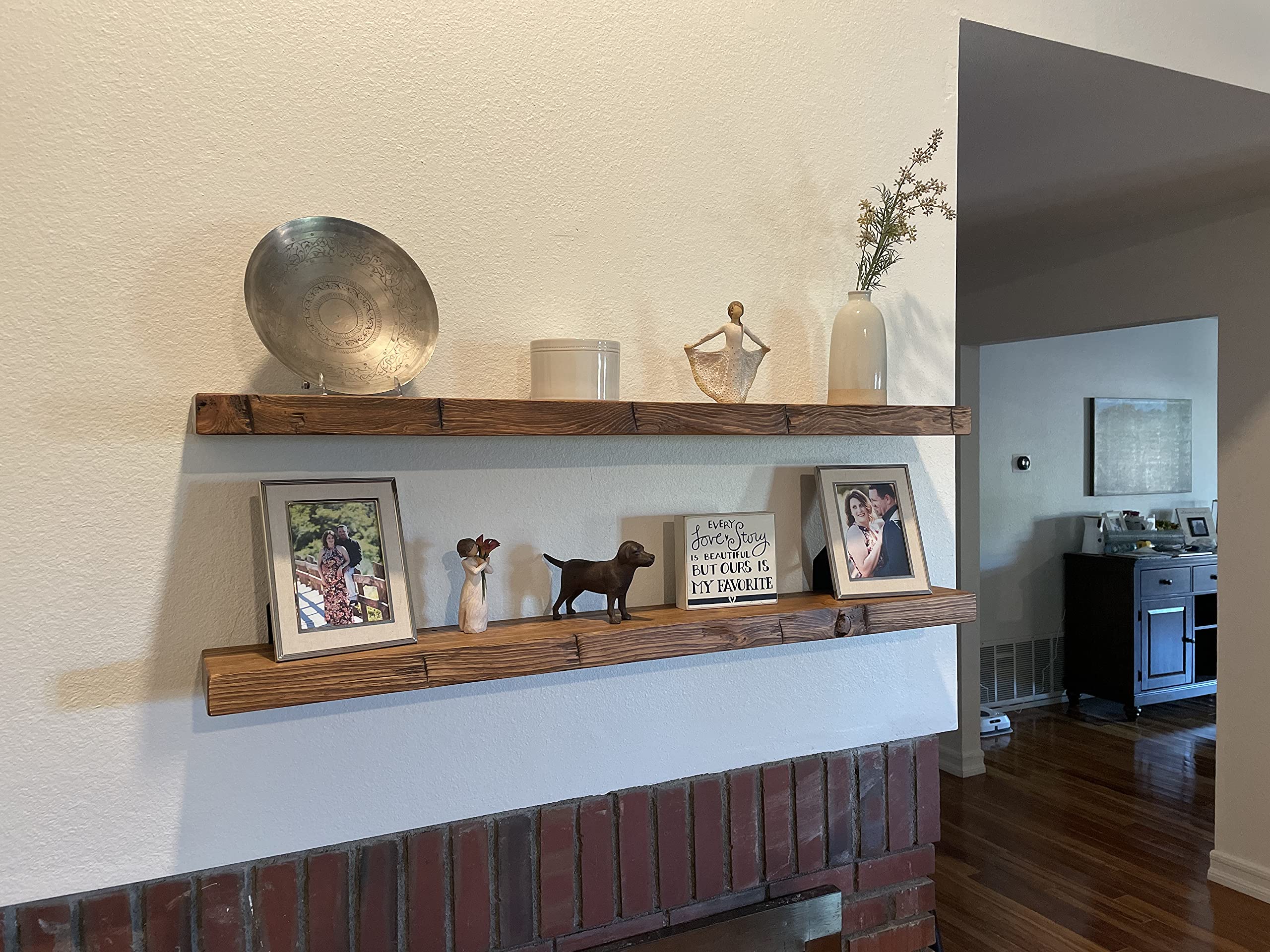 Joel's Antiques - 60 Inch Wooden Floating Shelves for Wall - Natural Solid Wood - Heavy Duty Rustic Fireplace Mantel & Bookshelf - Perfect for Living Room, Bedroom, Office - Medium Brown 60x9x2 in - Wall Decor, Book Display, Photo Frame Shelf