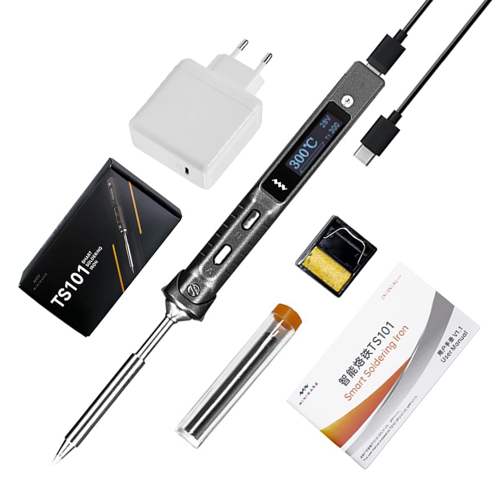 MINIWARE TS101 Mini Electric Soldering Iron Kit, Adjustable Temperature 50°C-400°C, Programmable USB Type-C, OLED Display, USB/DC Power Supply - Perfect for Electronics Repair, DIY Projects & PCB Soldering (Black)