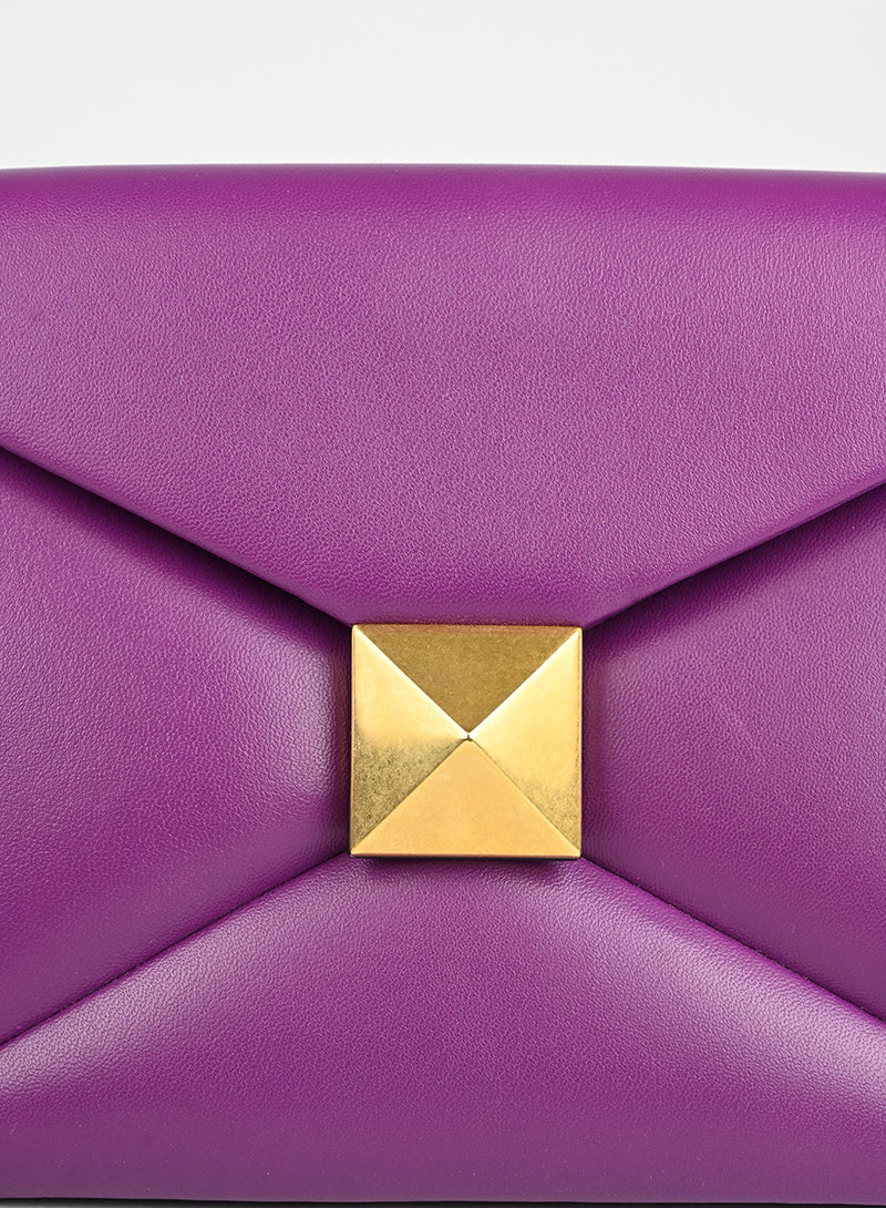 Valentino Leather Clutch Bag with Roman Studs in Purple - Perfect for Evening Parties & Special Occasions