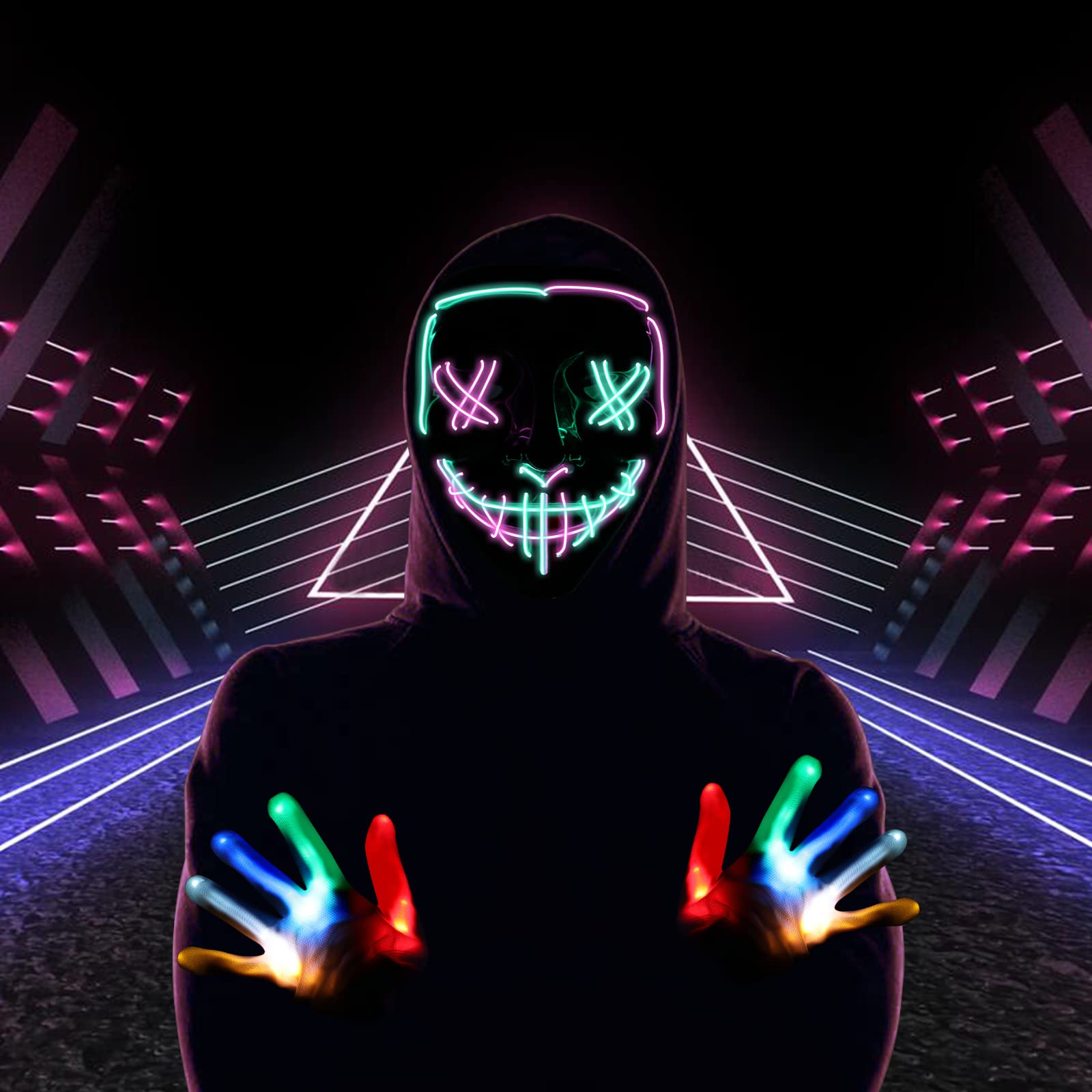 Scary LED Halloween Mask & Glow Gloves Set - Light Up Purge Costume Accessories for Cosplay, Halloween Parties & Night Events (Perfect for Trick-or-Treating & Haunted House Adventures)