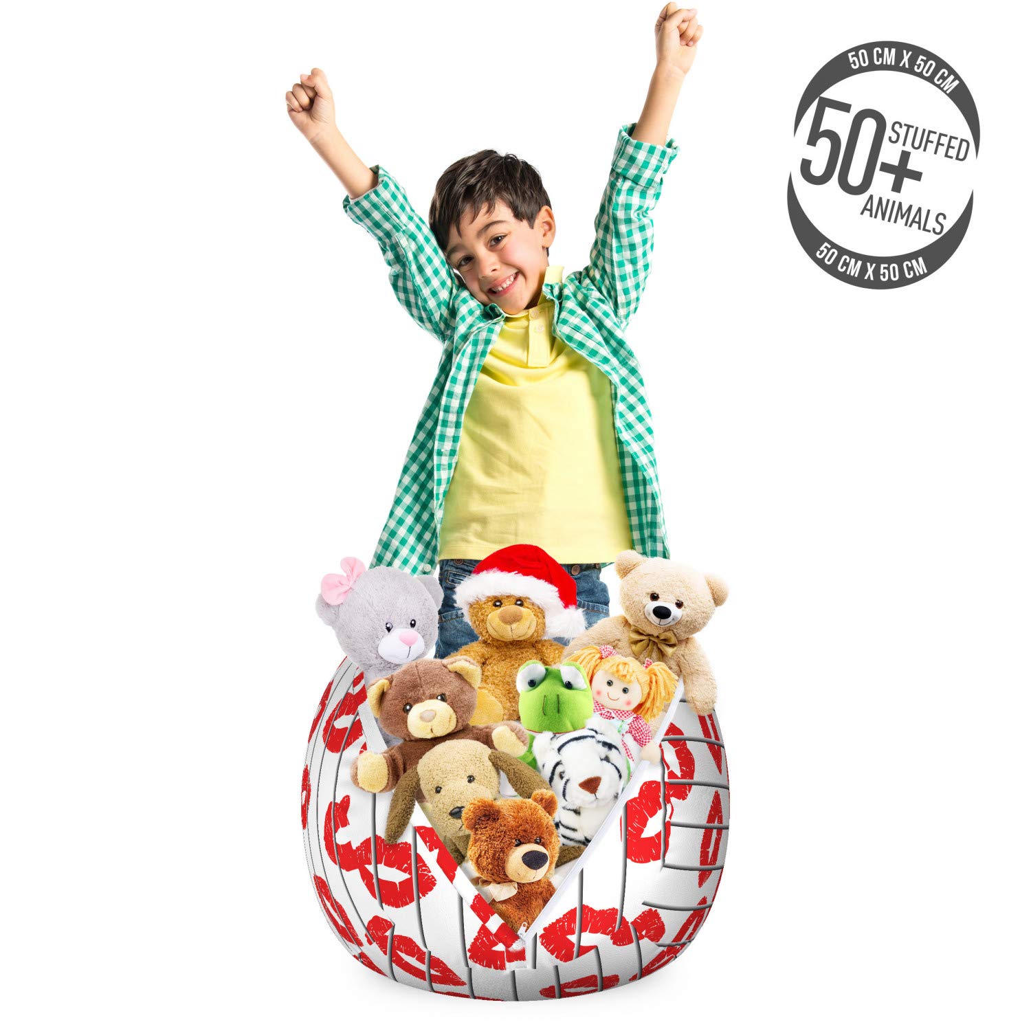 Ambesonne Glamour Storage Toy Bag Chair - Washable Stuffed Animal Organizer with Valentine's Day Lips Print, Small Size in Scarlet White & Grey - Perfect for Kids' Room, Nursery, or Playroom Organization